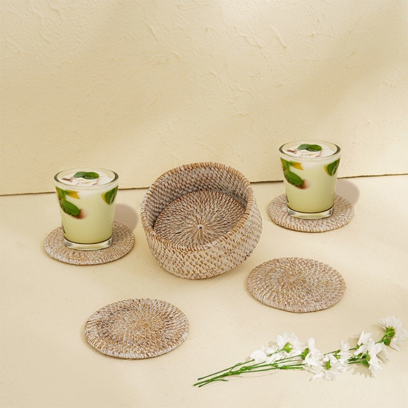 Rackhams White Round Rattan Coaster With Holder - Wash - Set 10