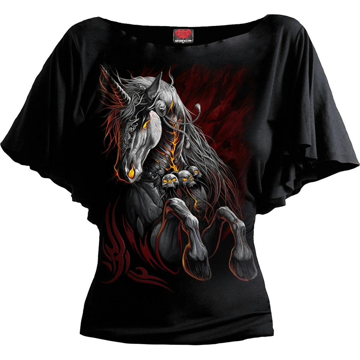 Spiral Direct Black Infernal Unicorn - Boat Neck Bat Sleeve Top - 4XL - Digital - Digital
