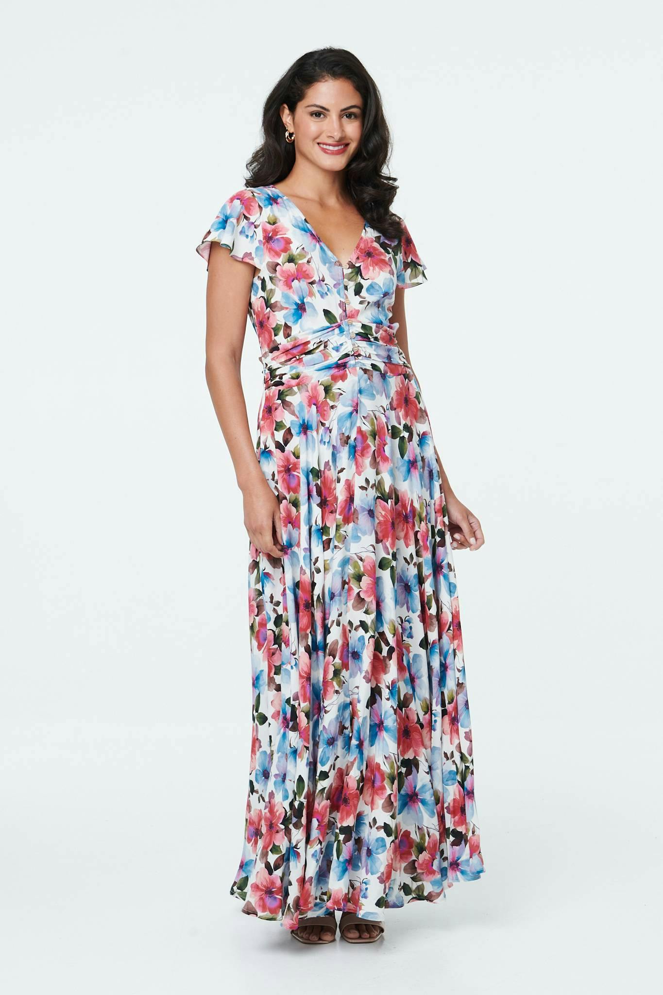 Izabel London Pink Floral Cap Sleeve Tie Waist Maxi Dress - 18