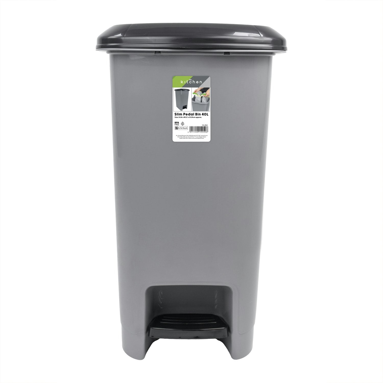 Rackhams Grey Slim Plastic Lidded Foot Pedal Waste Bin, 60L, - 1 - Plastic