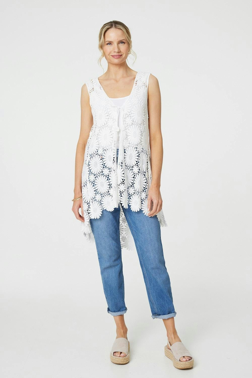 Izabel London White Floral Lace Tie Front Cardigan - S/M
