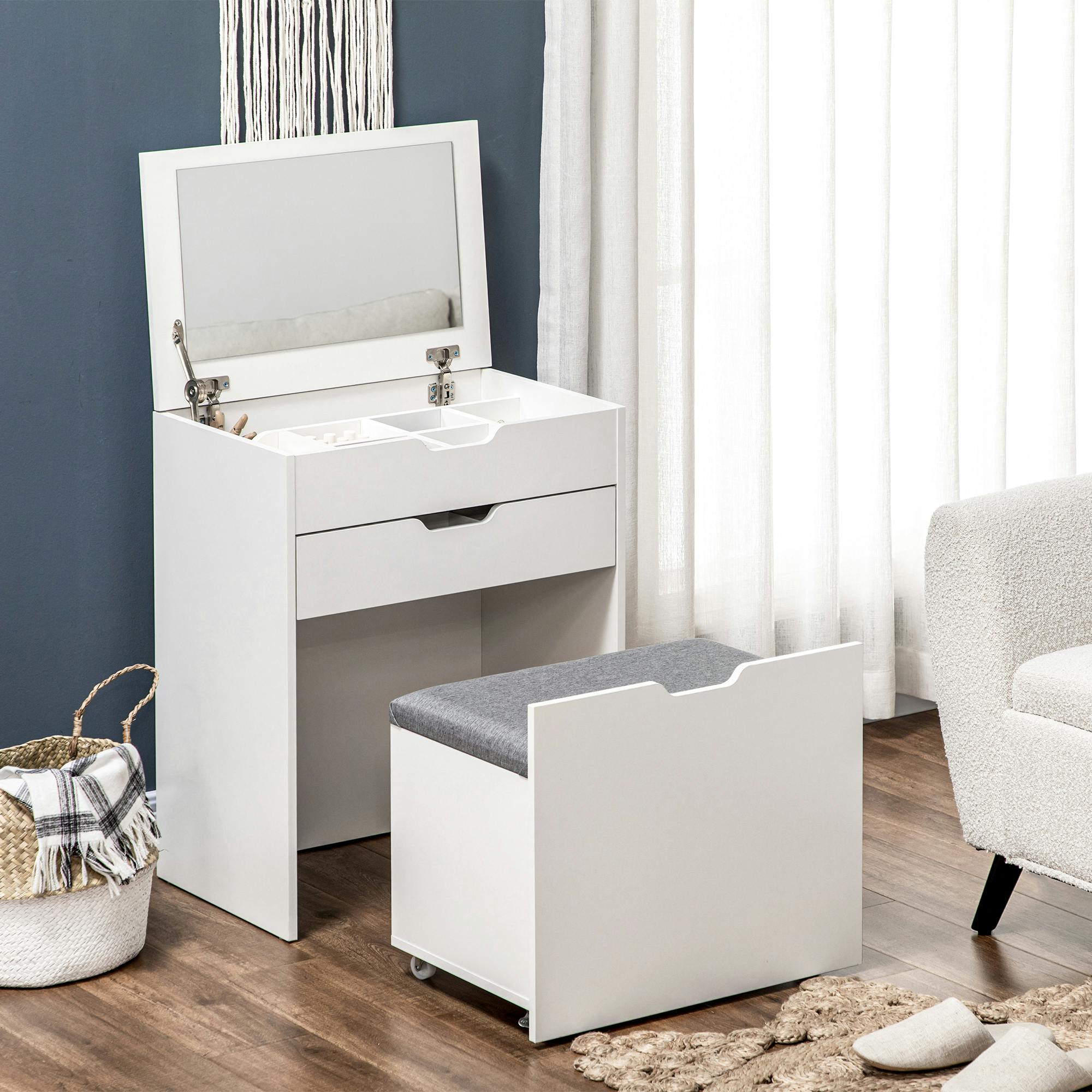 Rackhams White Dressing Table With Mirror And Stool, Vanity Table With Storage,