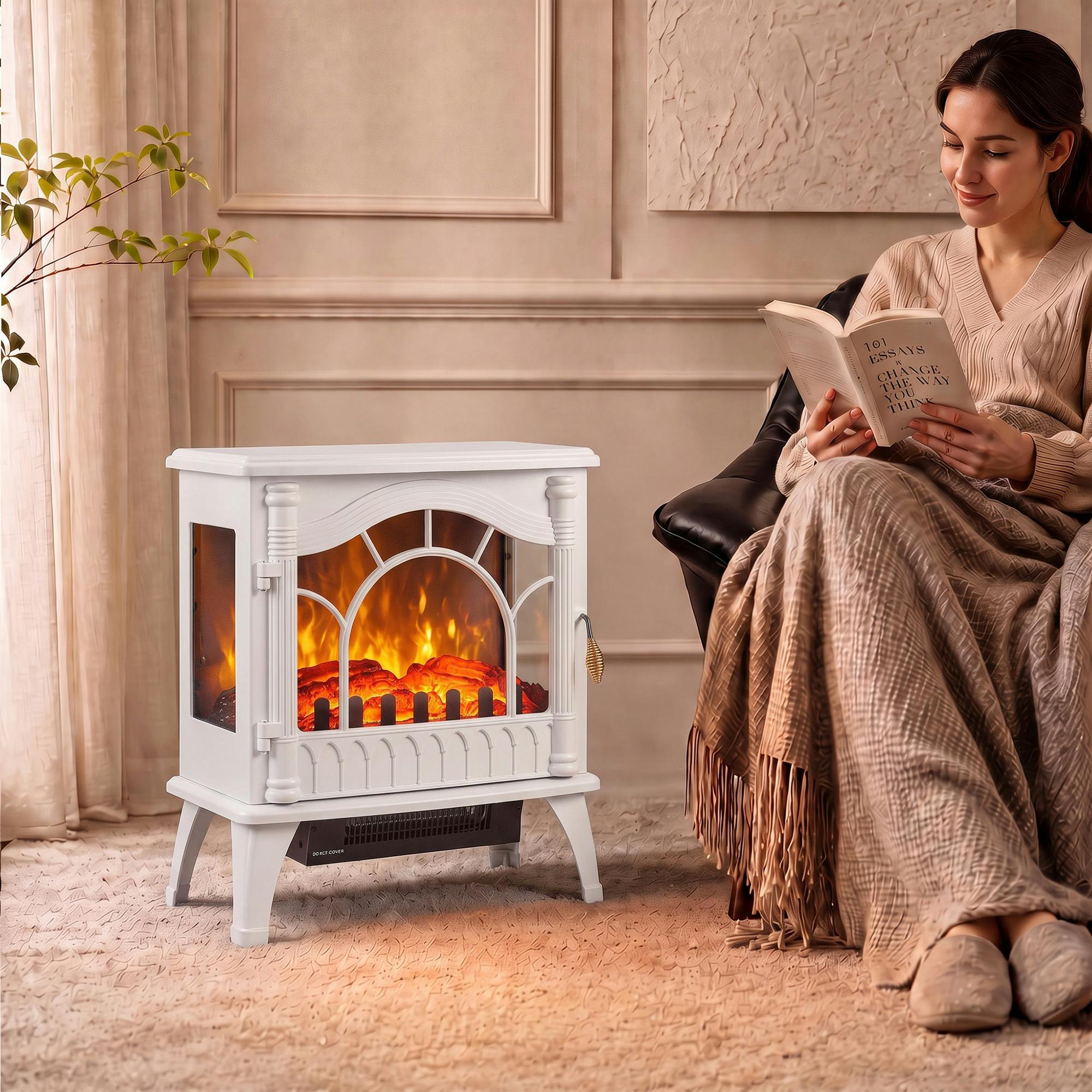 Homcom White 3-Sided Glass Electric Fire Fan Heater With Flame Effect,