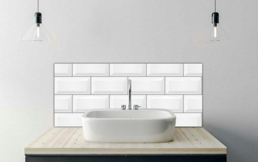 White Printed Glass Bathroom Splashback - Seamless Smooth Metro Tile Texture - Realistic Brick Background - 700X300mm
