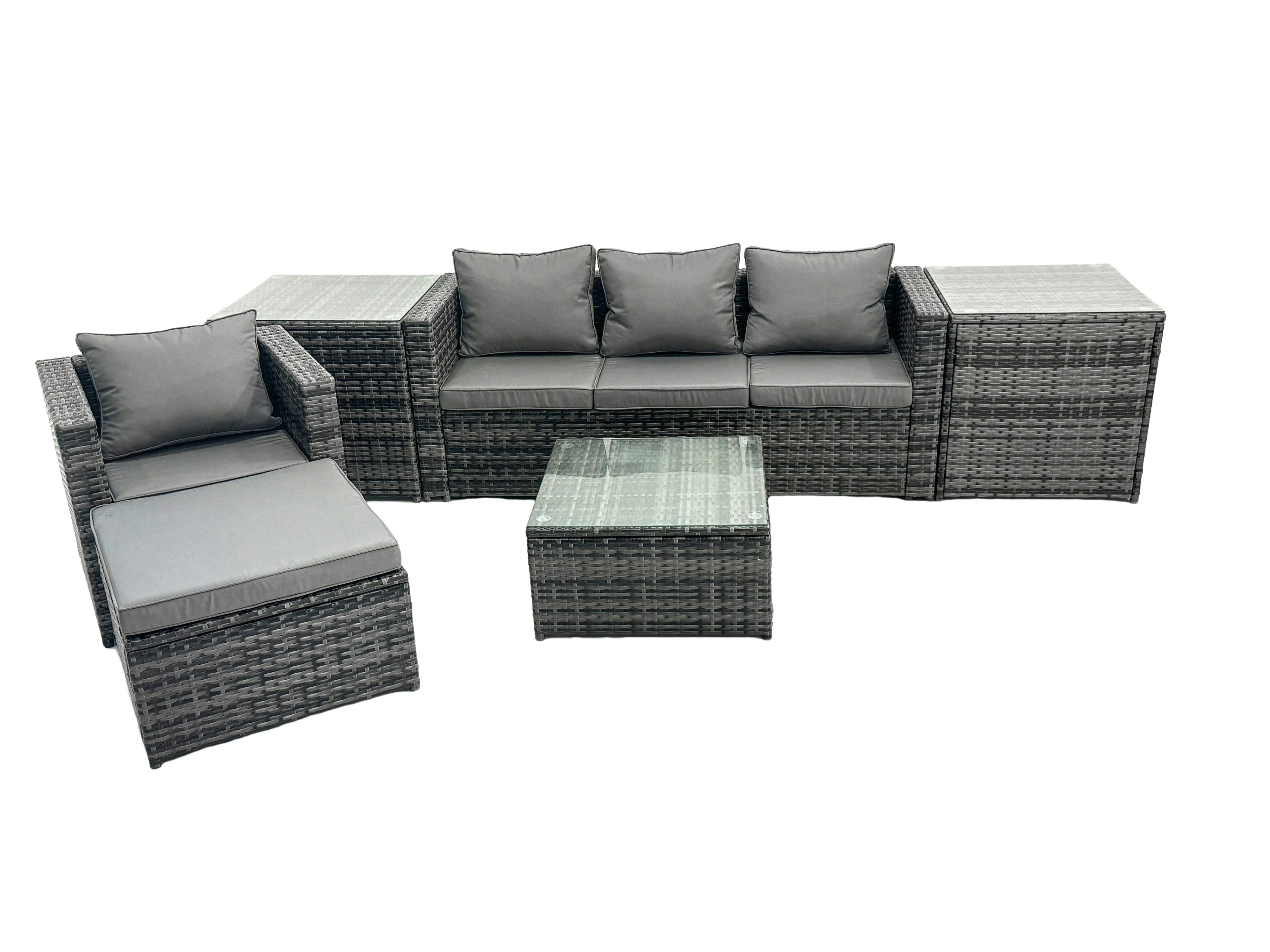 Rackhams Dark/Grey Outdoor Rattan Garden Furniture Set 5 Seater Patio Lounge Sofa Set With Armchair Square Coffee Table Big Footstool Mixed