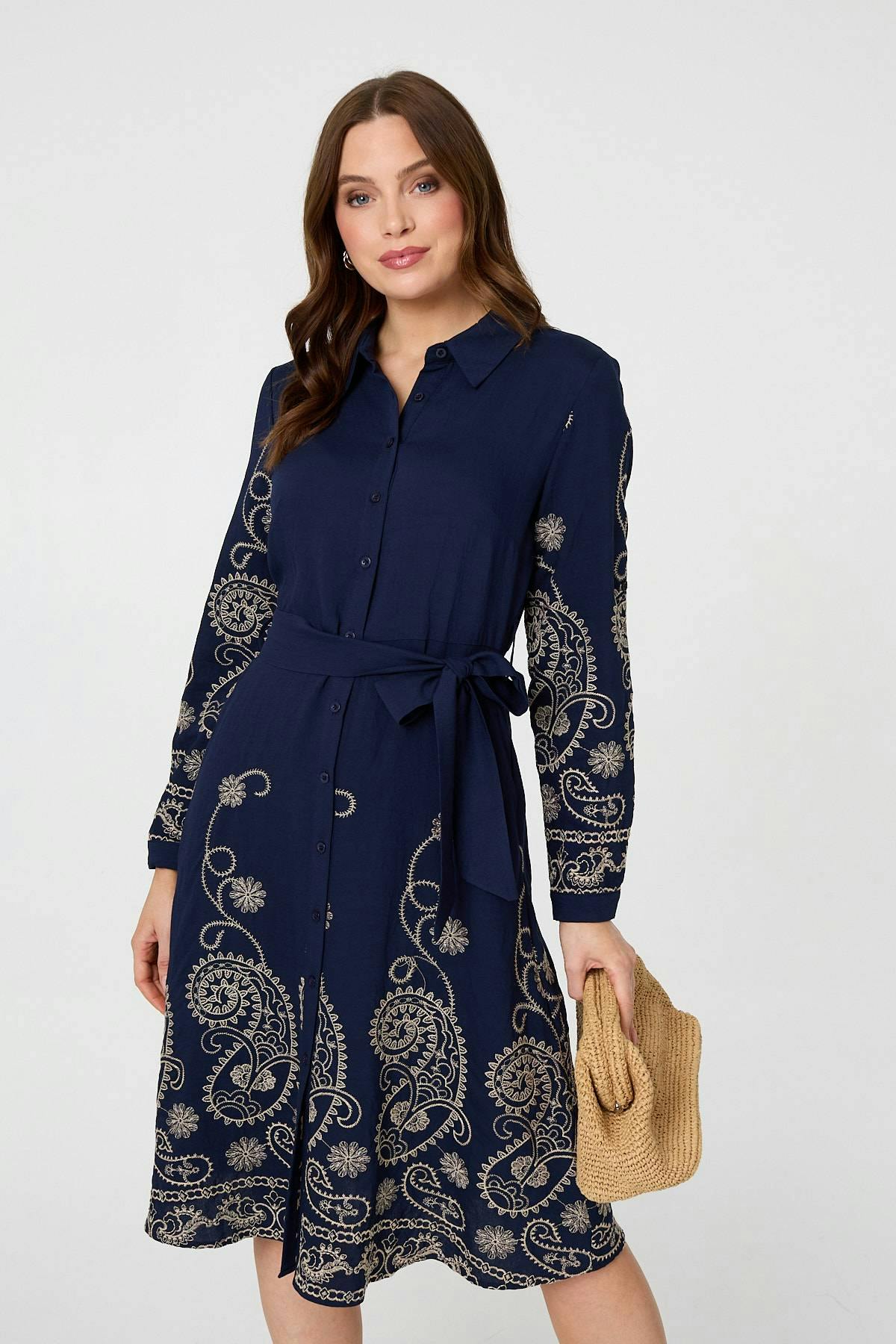 Izabel London Brown Embroidered Long Sleeve Shirt Midi Dress - 12