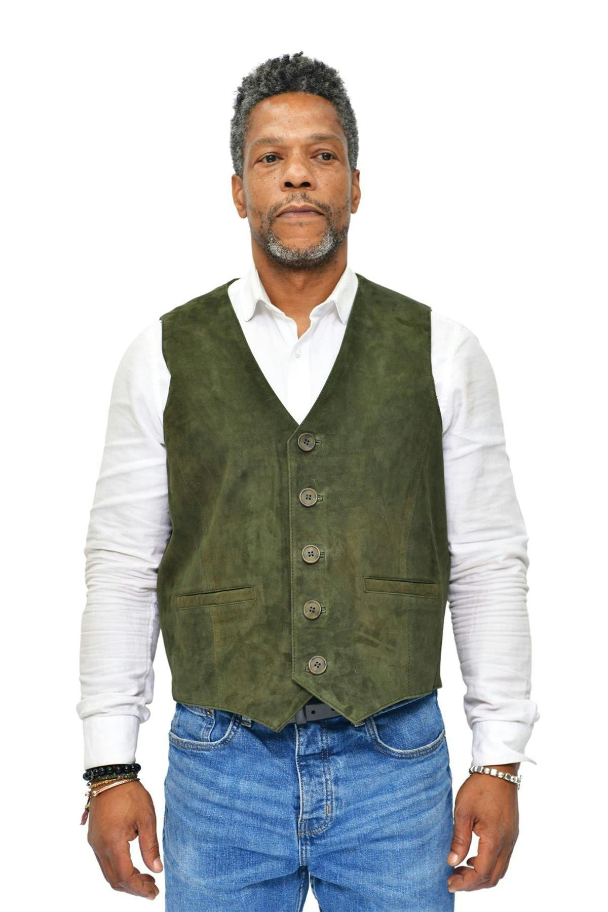 Infinity Leather Men's Green Classic Goat Suede Leather Waistcoat-Norwich - Uk Xs | Eu 44 | Us 34