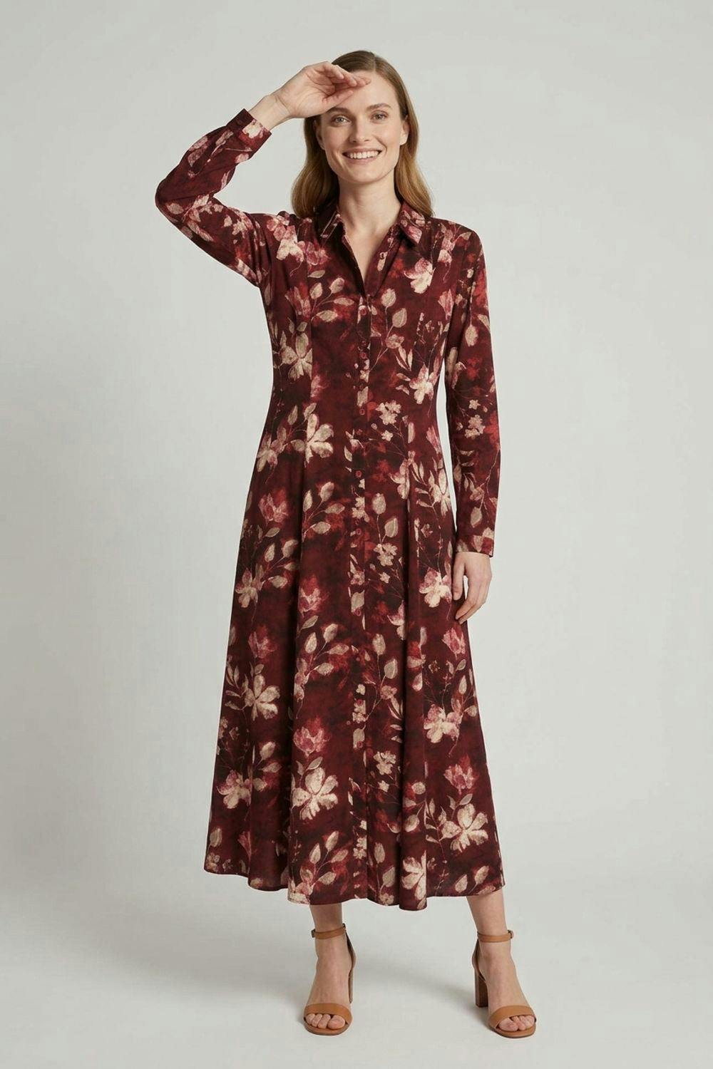 Izabel London Red Floral Long Sleeve Button-Up Midi Dress - 10