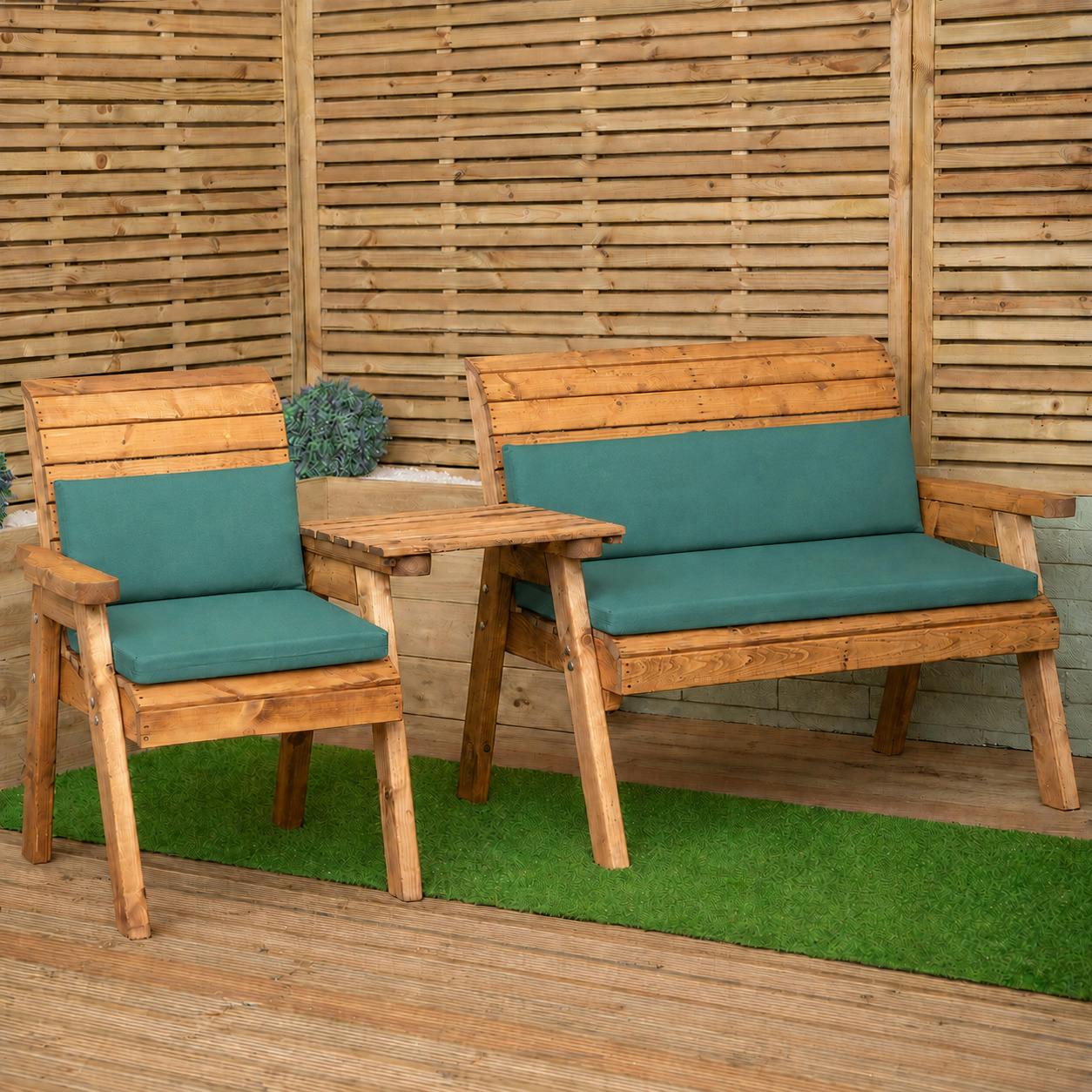 Rackhams Green Hand Made 4 Seater Chunky Rustic Wooden Furniture Set With 2 Benches, Angled Tray & Cushions
