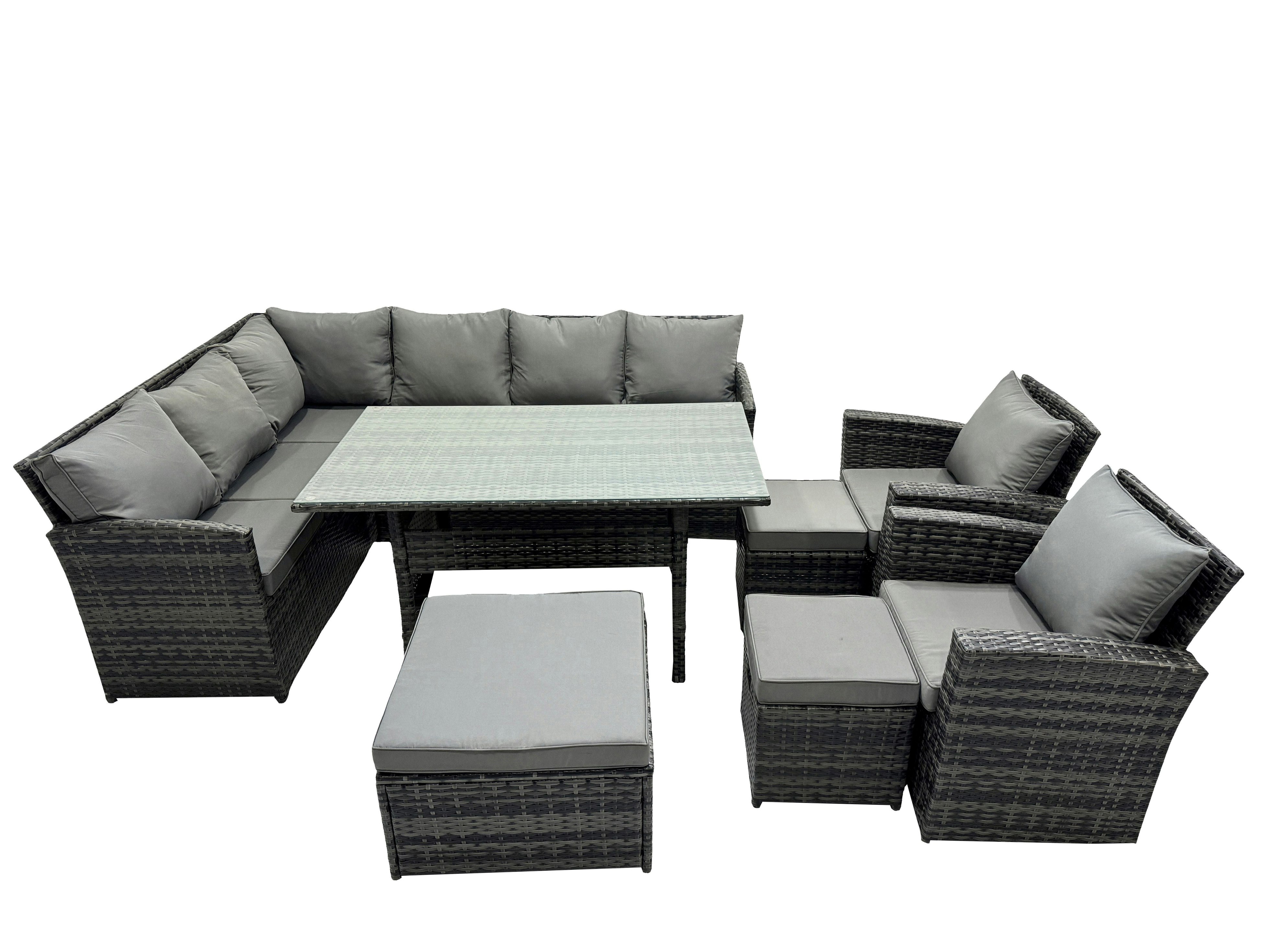 Rackhams Dark/Grey 11 Seat Poly Rattan Outdoor Patio Dining Table Corner Sofa Set With 3 Stool 2 Chairs For Garden Backyard Mixed