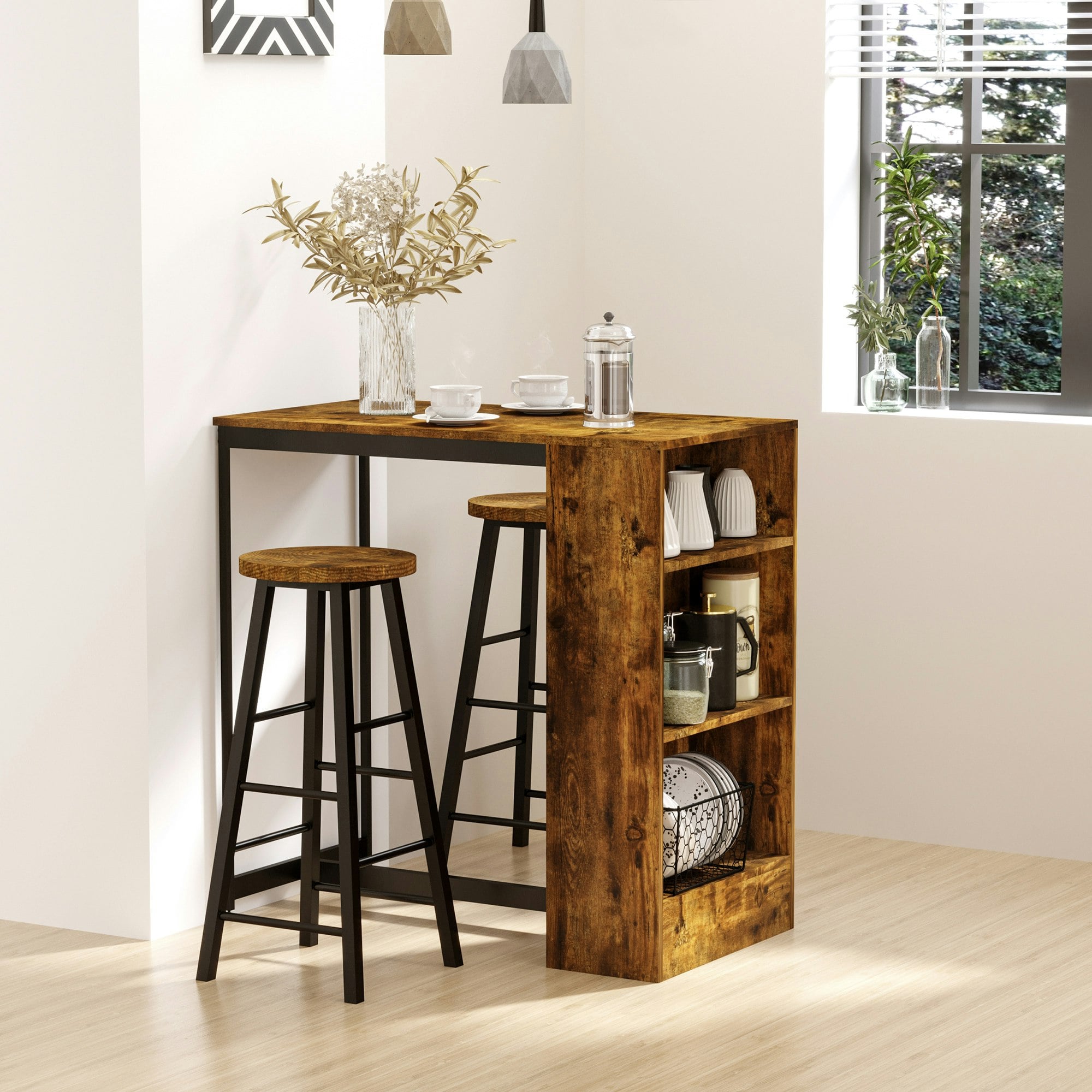 HOMCOM 3 Pieces Dining Table Set, Bar Table & 2 Stools, Rustic Brown | Industrial Space Saving Breakfast Bar Set, 3 Storage Shelves, Footrest, Metal Frame, Adjustable Pads, for Kitchen Dining Room - Image 5