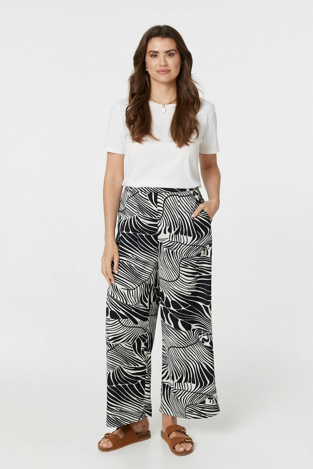 Izabel London Black/White Printed High Waisted Wide Leg Trousers - And - 10