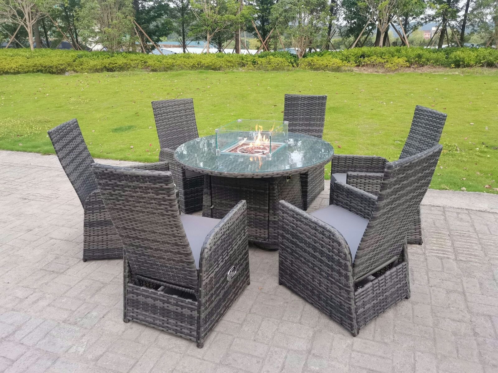 Rackhams Rattan Outdoor Garden Furniture Gas Fire Pit Dining Table Gas Heater Burner Reclining Table And Chair Sets 6 Seater Plus Round Table
