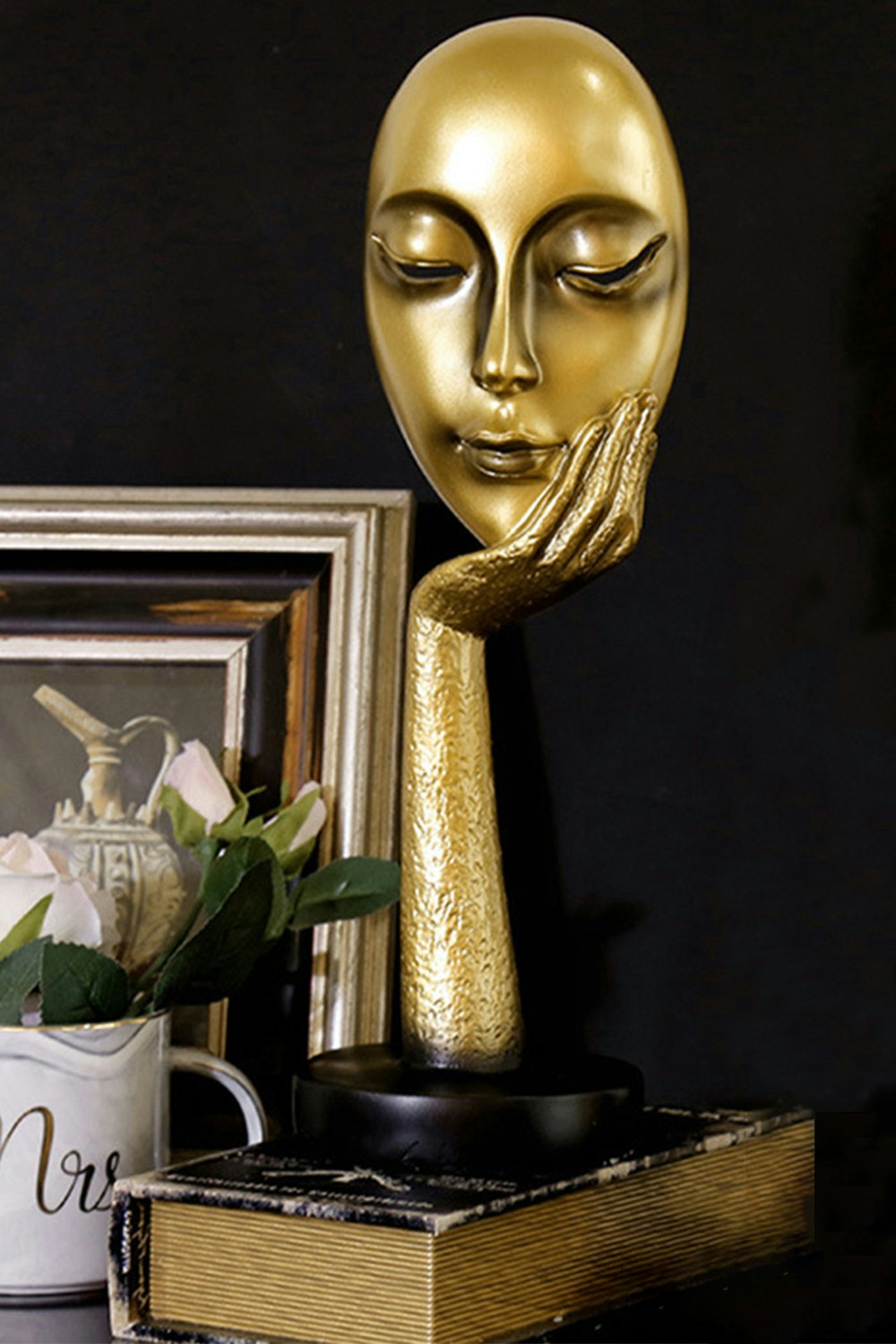 Living And Home Gold 11.5Cm Dia X 37Cm H Abstract Art Resin Mask Ornaments Meditation Sculpture