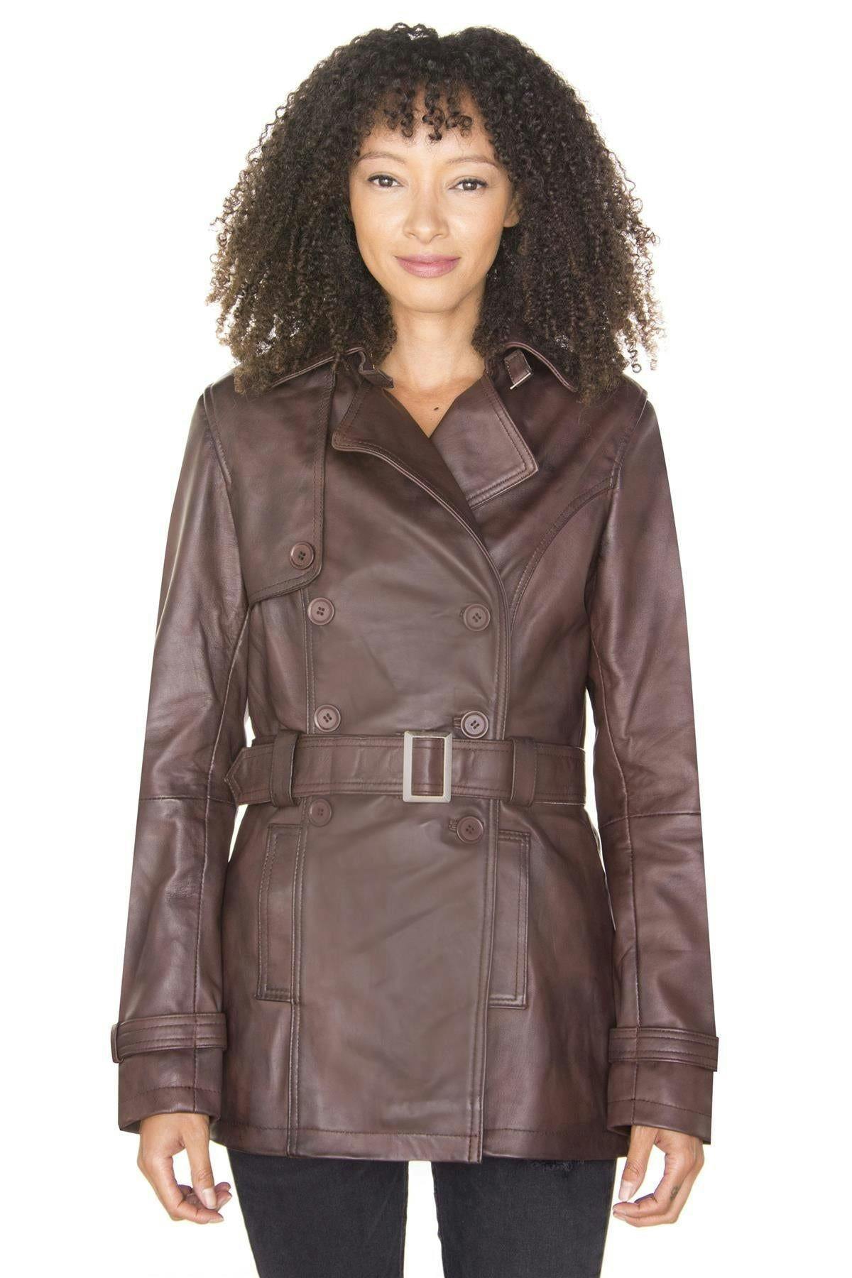 Infinity Leather Women's Brown Nappa Leather Trench Coat-Mosul - Uk 3XL/20 | Eu 46 | Us 16
