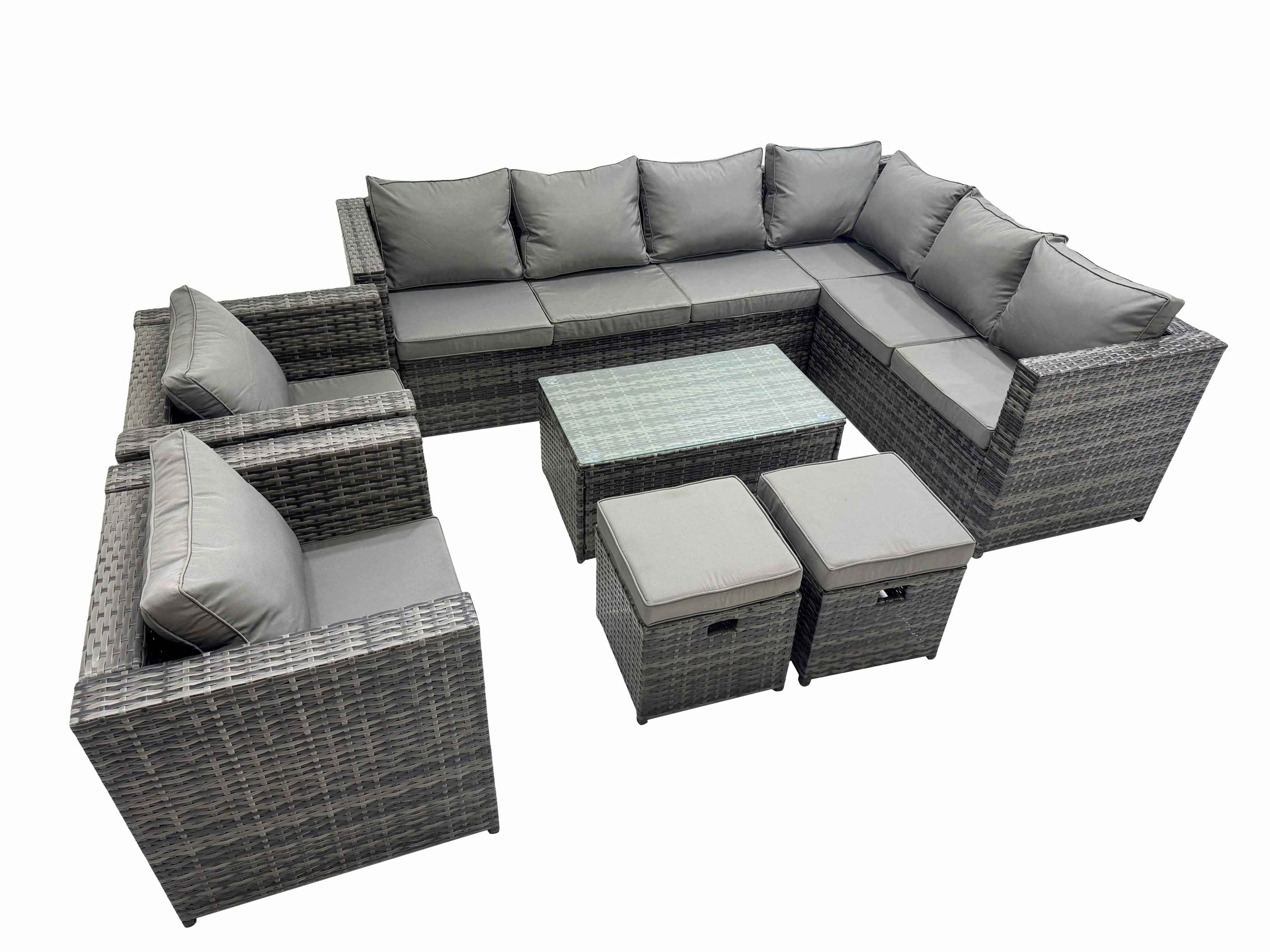 Fimous Dark/Grey Patio Sofa Oblong Coffee Table Set Rattan Garden Furniture Set With 2 Chairs 2 Small Stools Mixed