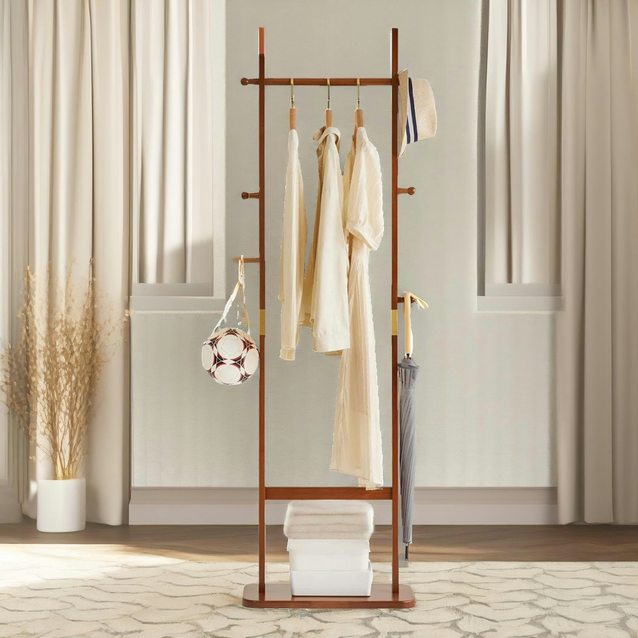 Rackhams Dark/Brown Tall Wooden Coat Stand With 5 Hooks