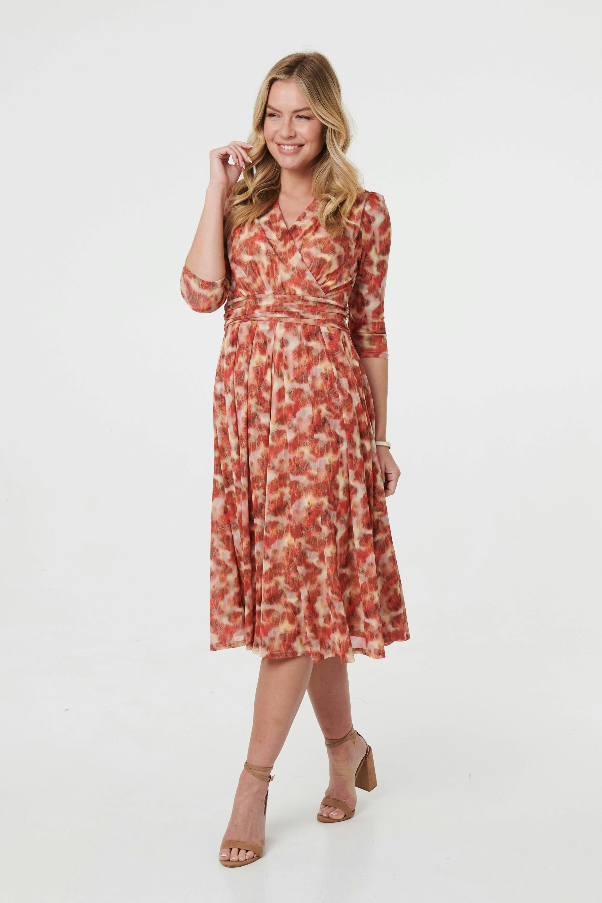 Izabel London Red Printed 3/4 Sleeve Midi Faux Wrap Dress - 14