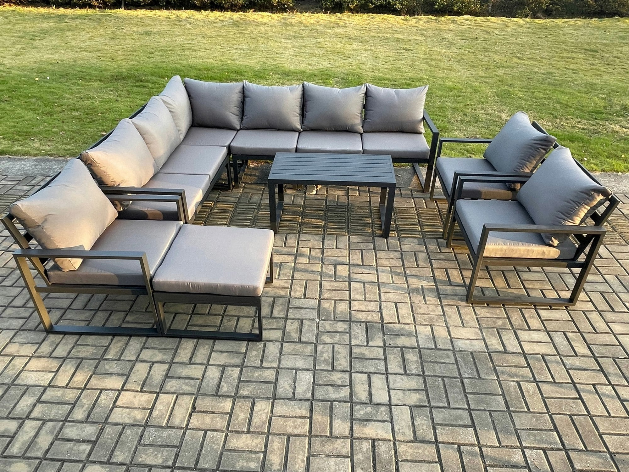 Fimous Dark/Grey Aluminium Garden Furniture Set Outdoor Indoor Lounge Corner Sofa 3 Pcs Chair Oblong Coffee Table Sets With Big Footstool