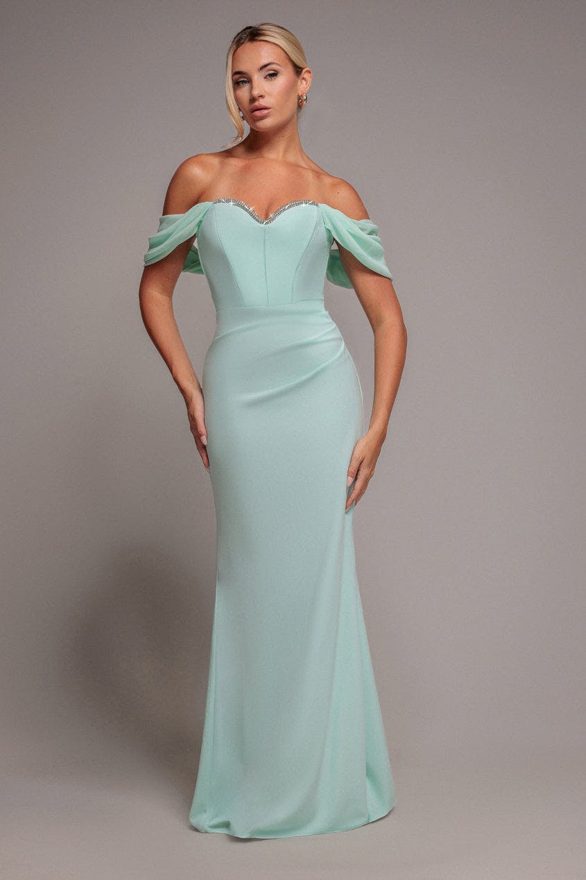 Goddiva Green Off The Shoulder Draped Sleeve Maxi Dress With Diamante Neckline - Mint By - Mint - 16