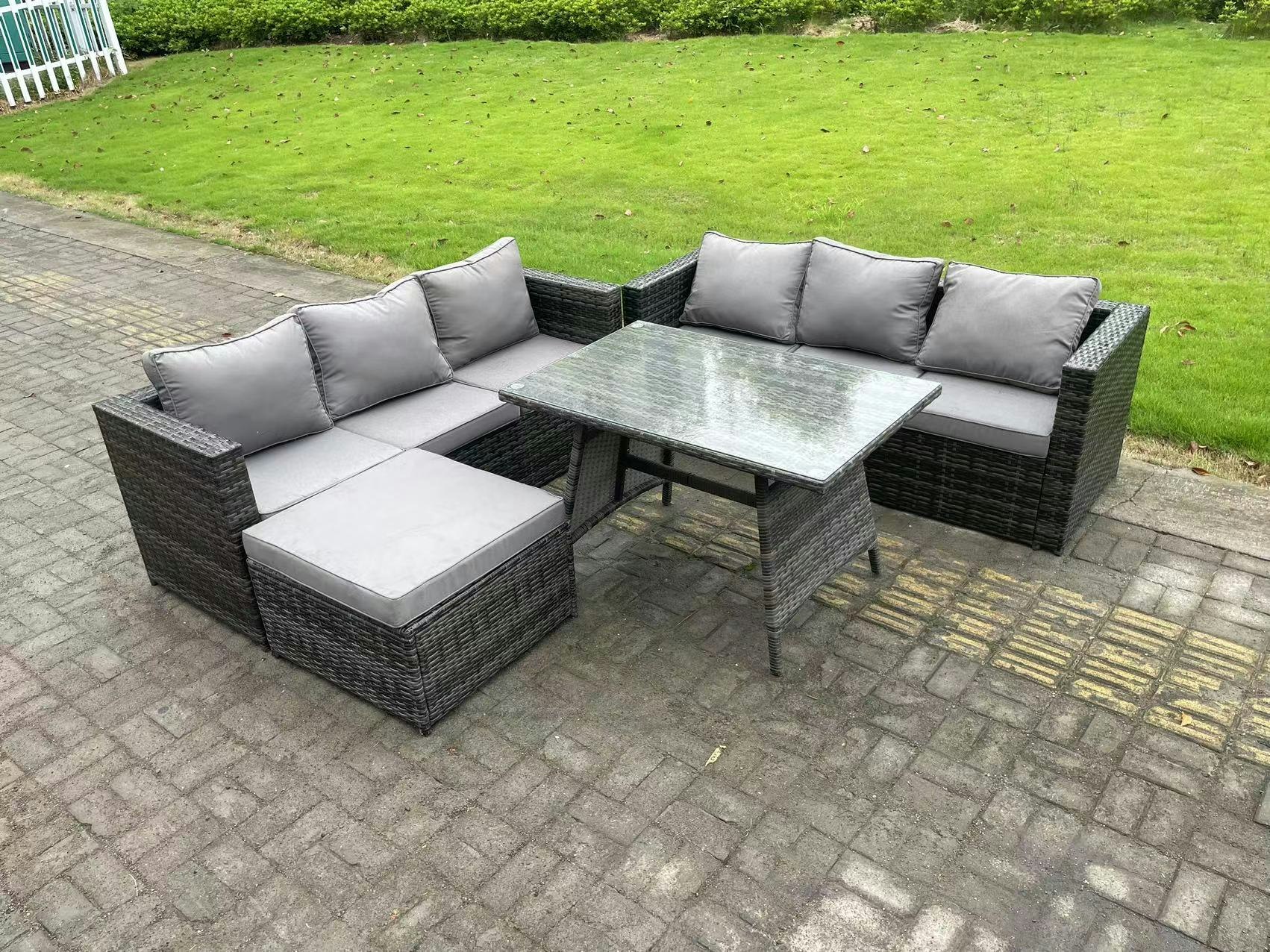 Fimous Dark/Grey 7 Seater Wicker Pe Rattan Garden Dining Set Outdoor Furniture Sofa With Dining Table Big Footstool Mixed