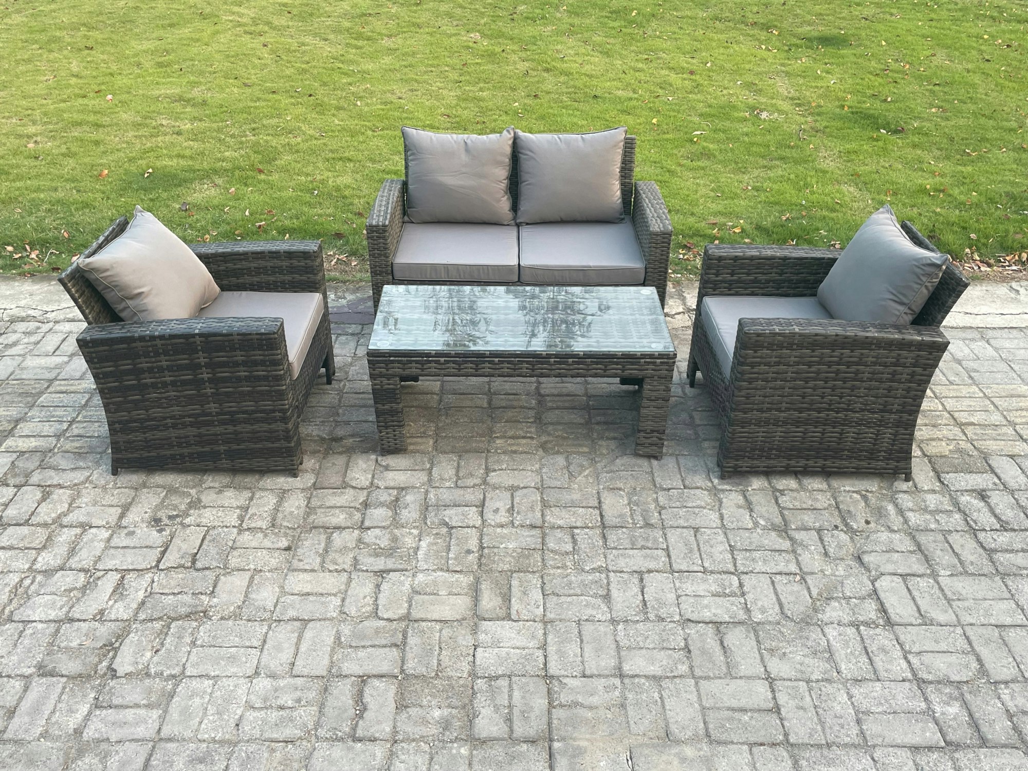 Fimous Dark/Grey Outdoor Rattan Garden Furniture Set 4 Seater Patio Lounge Sofa Set With Coffee Table Mixed