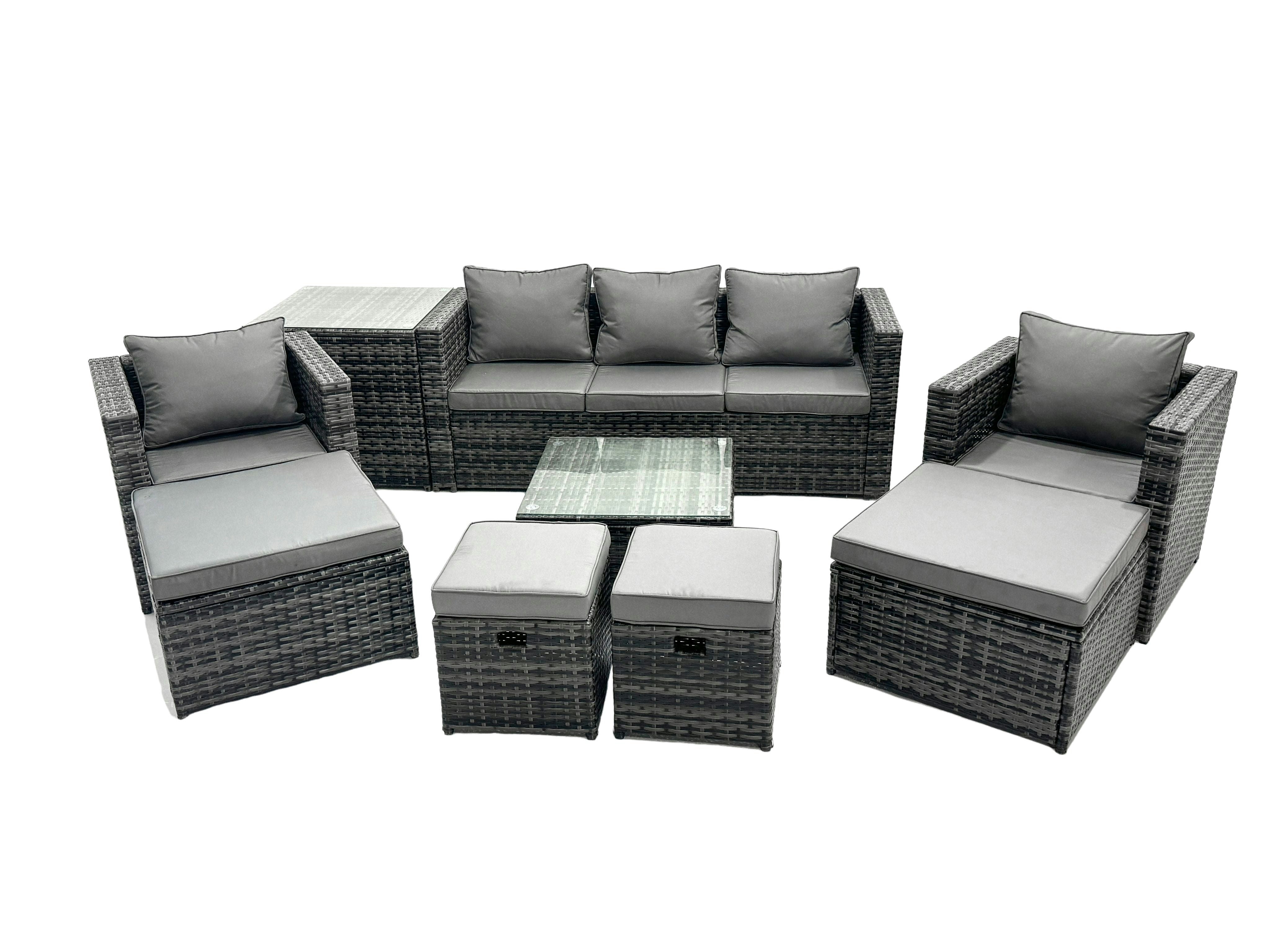 Fimous Dark/Grey Outdoor Rattan Garden Furniture Set 9 Seater Patio Lounge Sofa Set With Armchair Square Coffee Table Side Table 4 Footstool Mixed