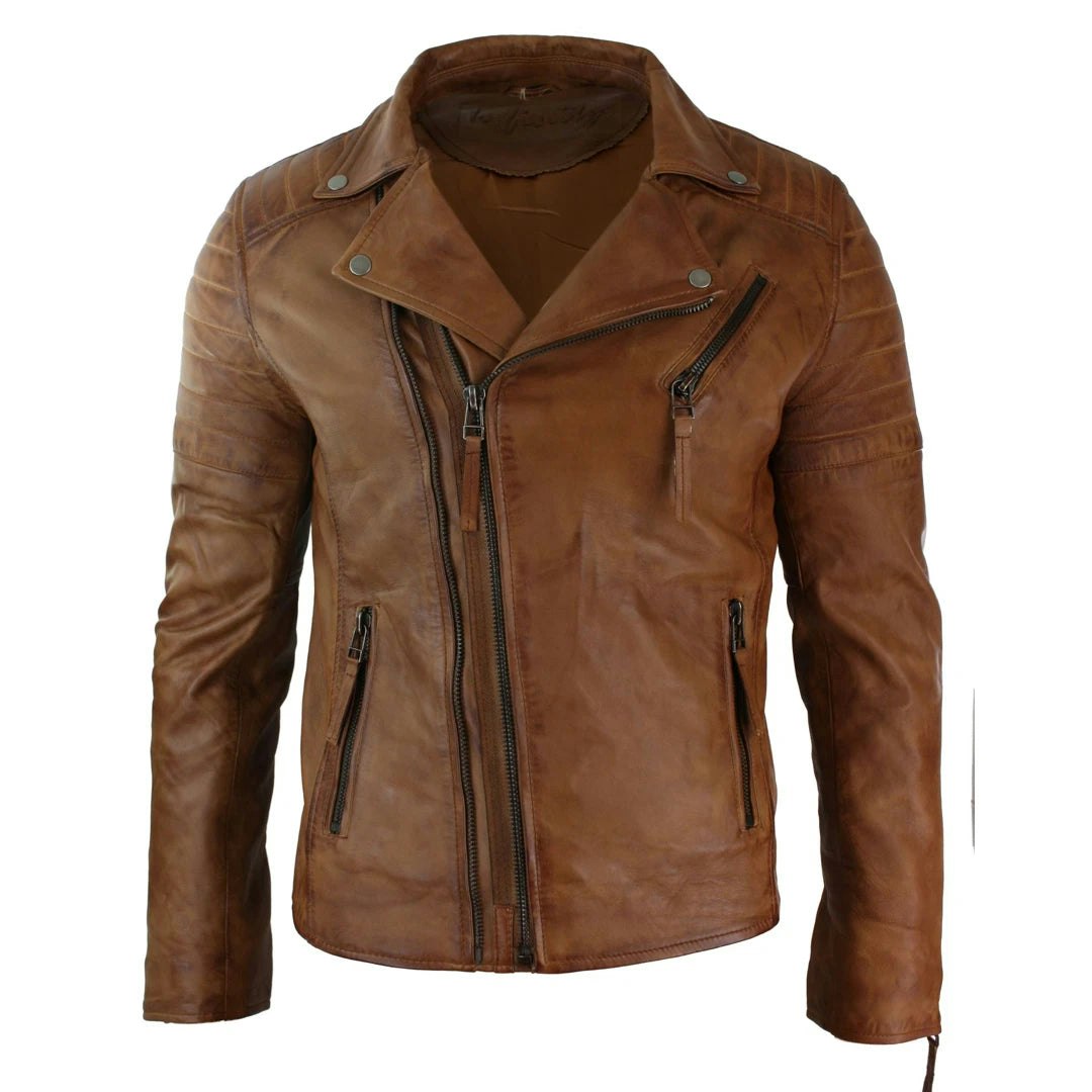Infinity Leather Men's Leather Company Cross Zip Brando Leather Biker Jacket - Tan - 3XL