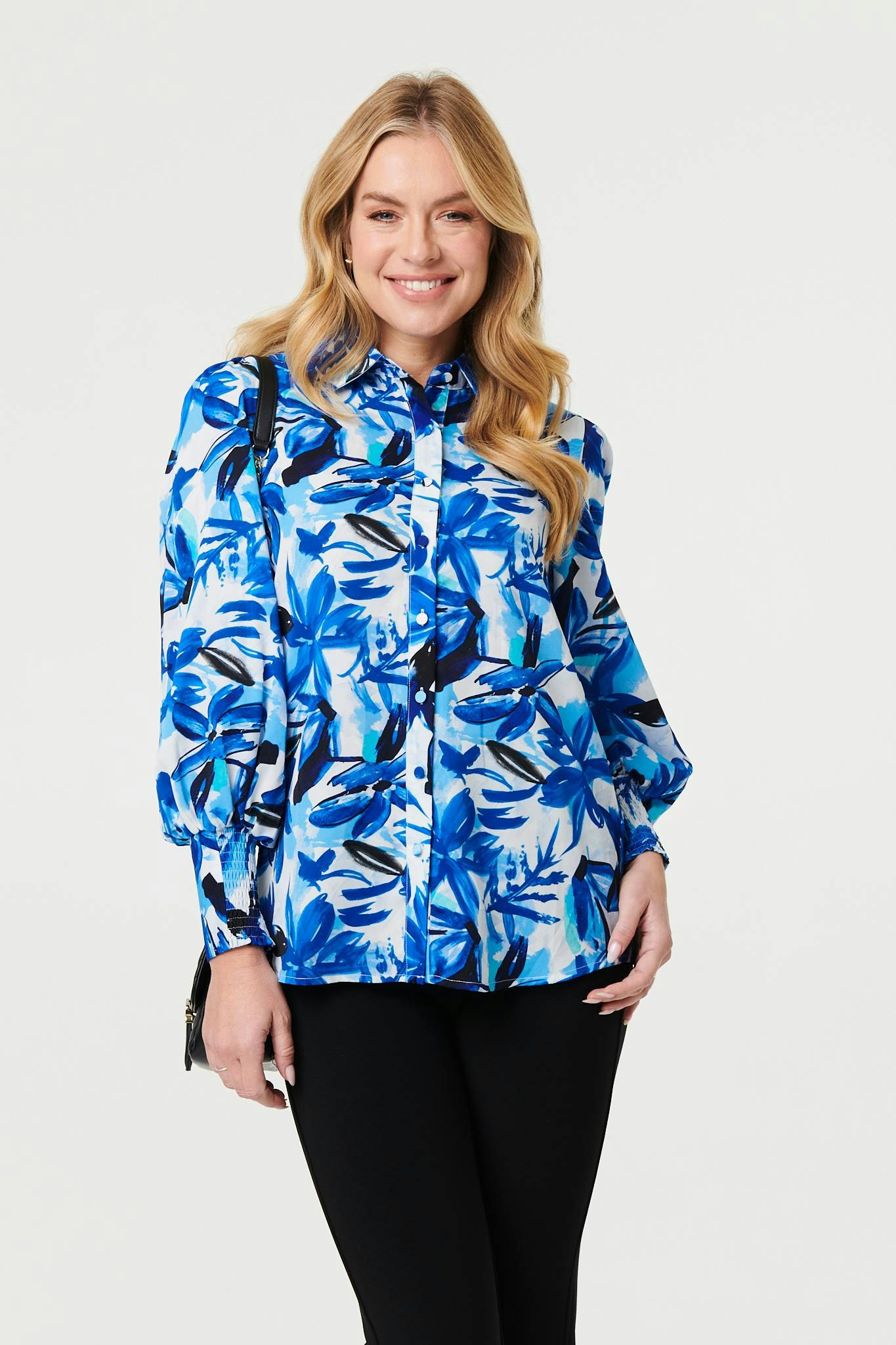 Izabel London Blue Brushstroke Print Long Puff Sleeve Shirt - 12