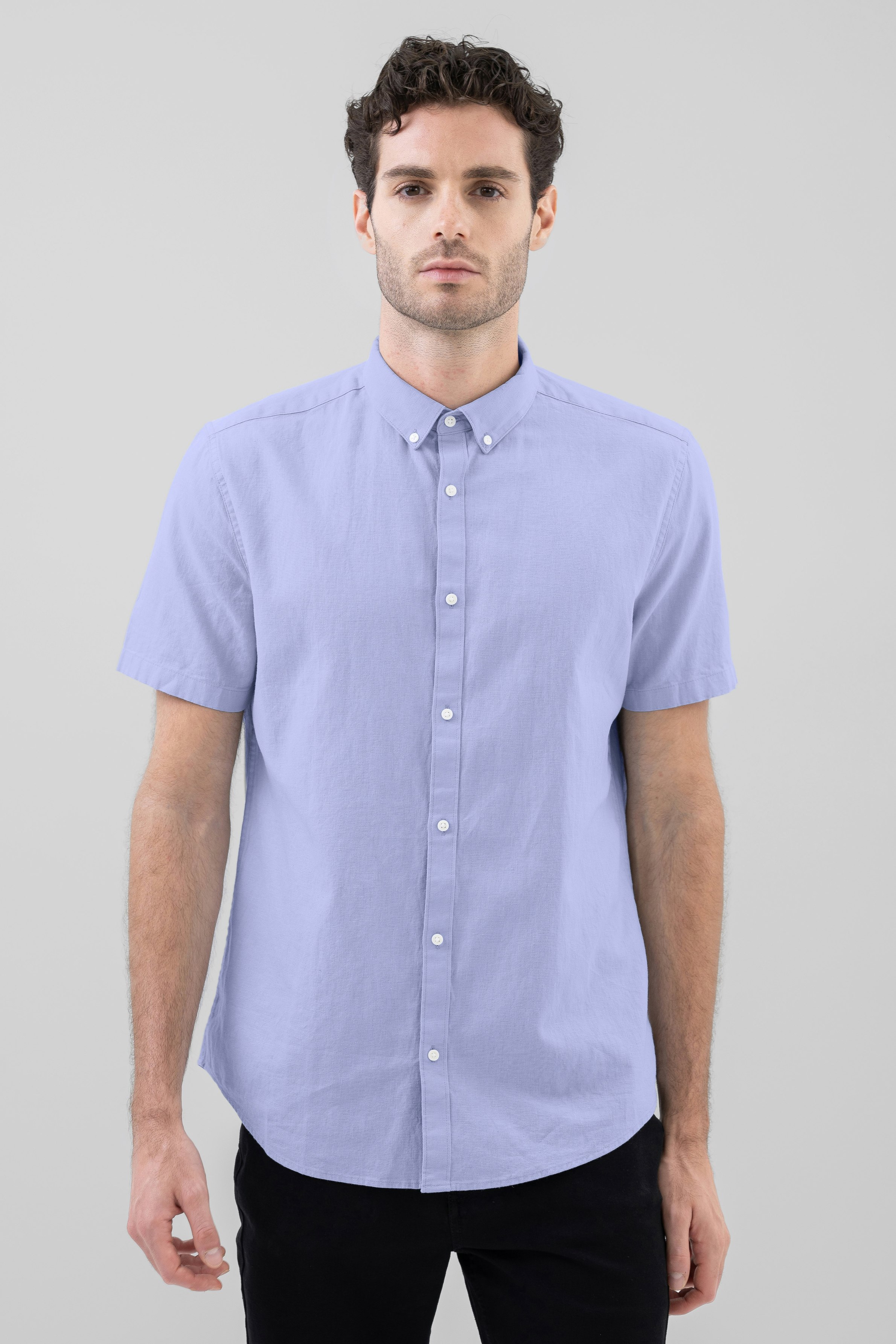 Enorsia Blue Solid Linen Blend Short Sleeve Shirt - M - 55% Linen, 45% Cotton