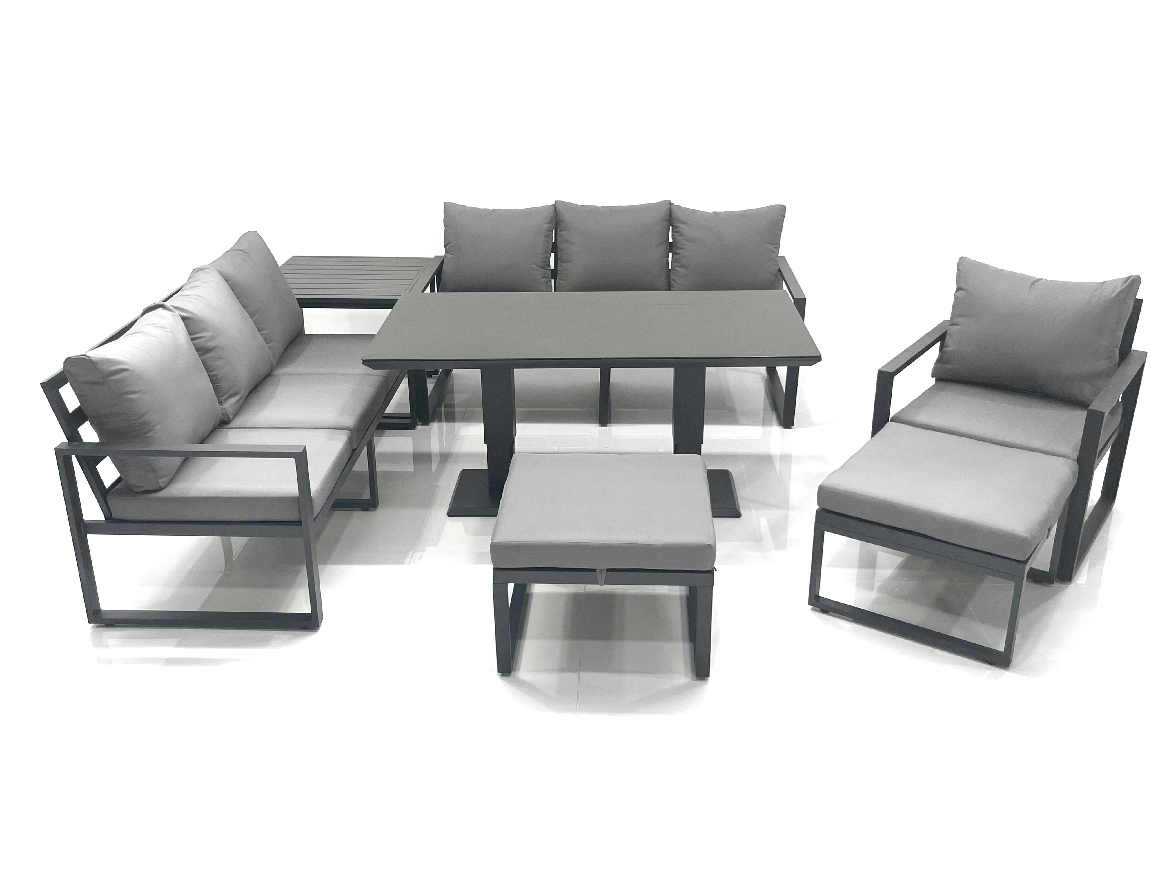 Fimous Dark/Grey Outdoor Garden Furniture Set Aluminium Lounge Sofa Adjustable Rising Lifting Dining Table Sets With 2 Big Footstools Side Table