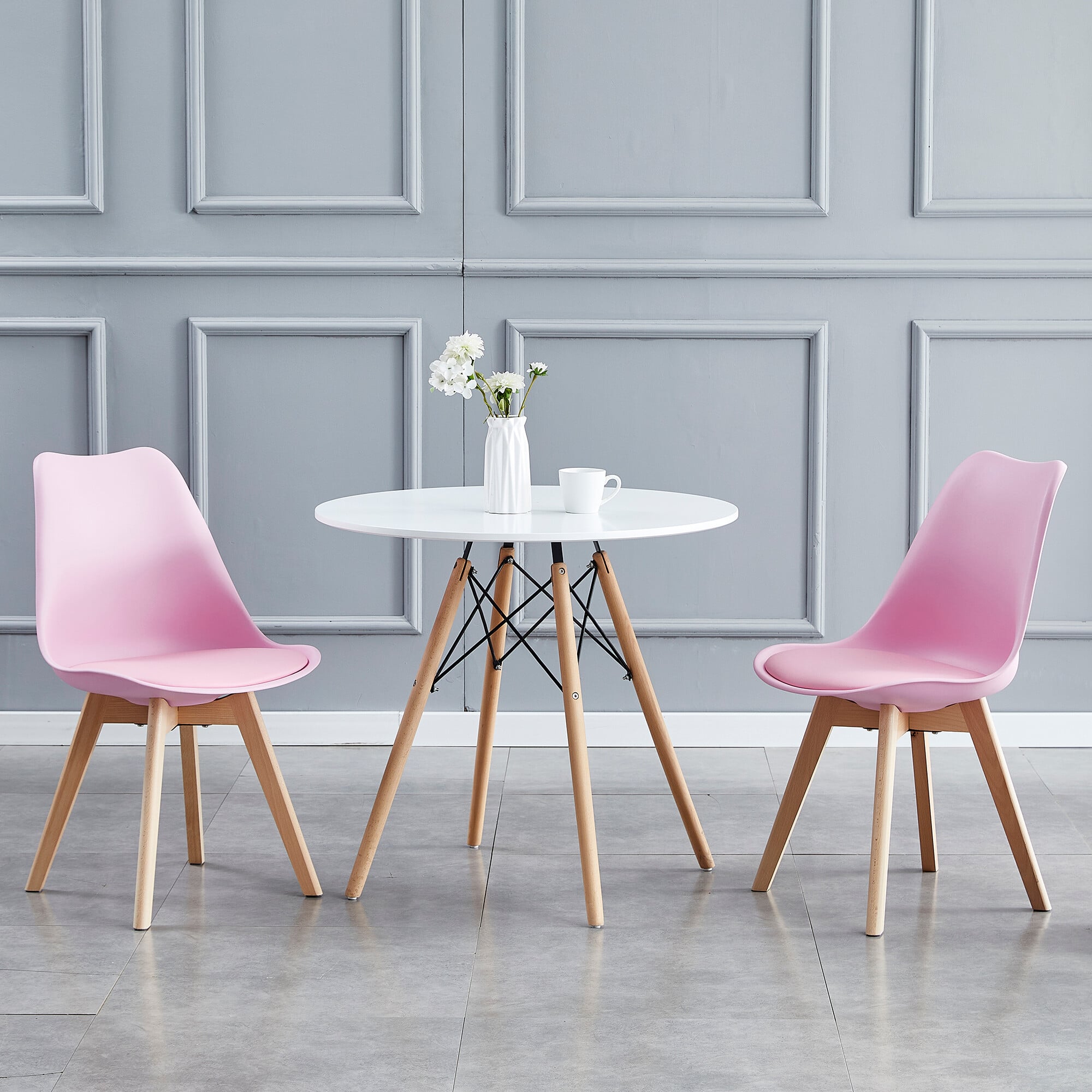 Rackhams Pink Set Of 2 Dining Chairs With Solid Wooden Legs And Seat Cushion Pad Eva
