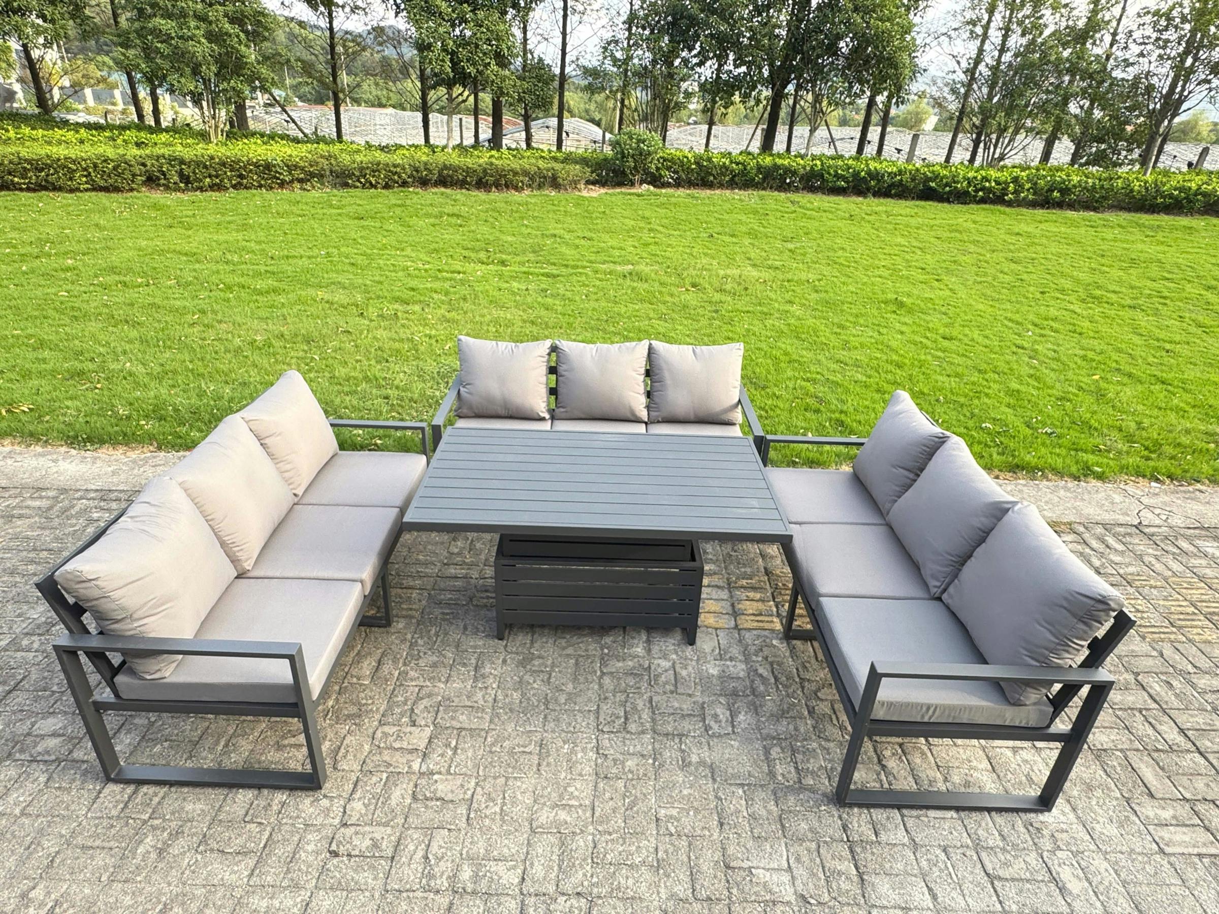 Rackhams Dark/Grey 9 Seater Aluminium Garden Furniture Set With Adjustable Rising Dining Table & 3 Sofas