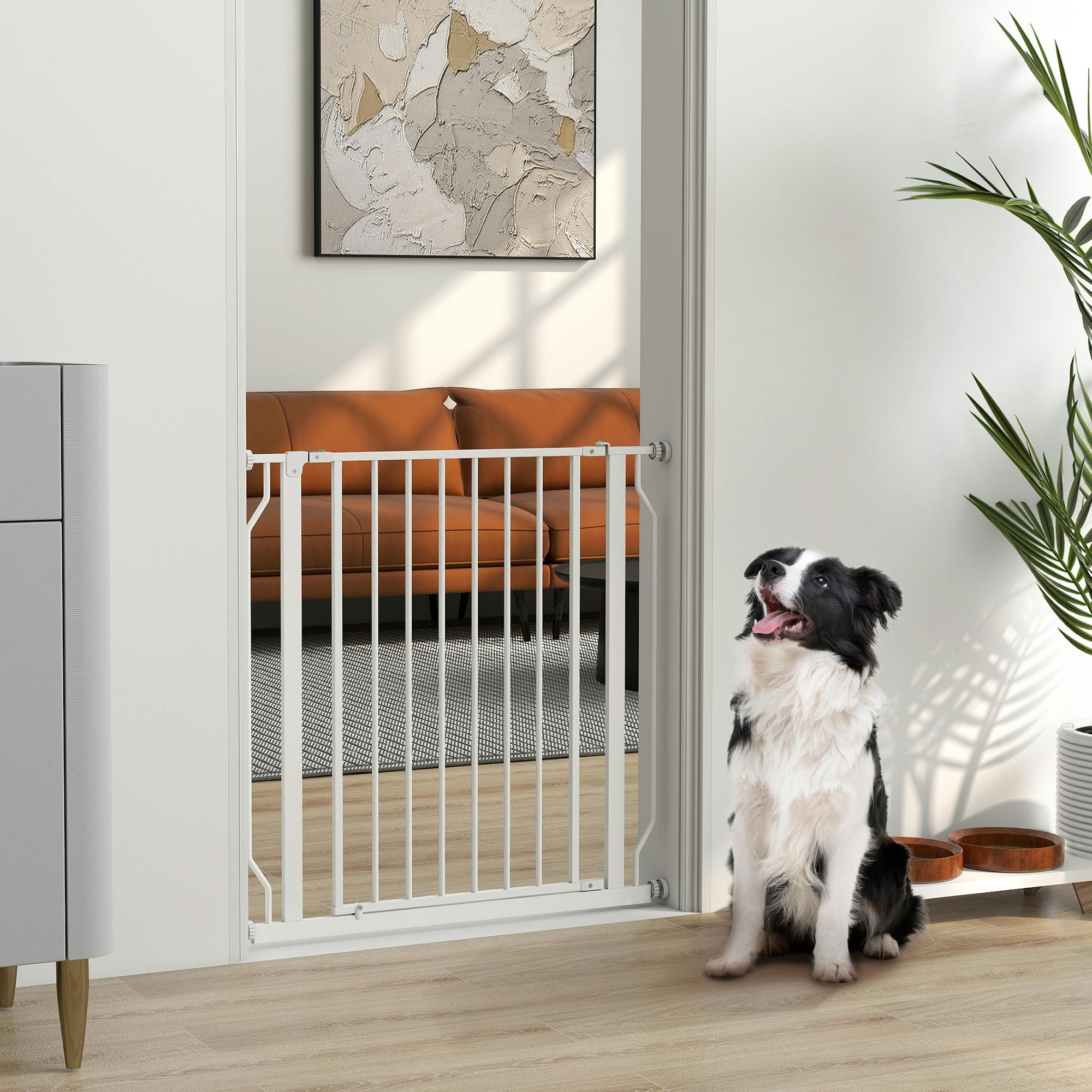 Pawhut White Dog Gate Wide Stair Gate W/ Door Pressure Fit - 85 X 1.5 X 76 Cm