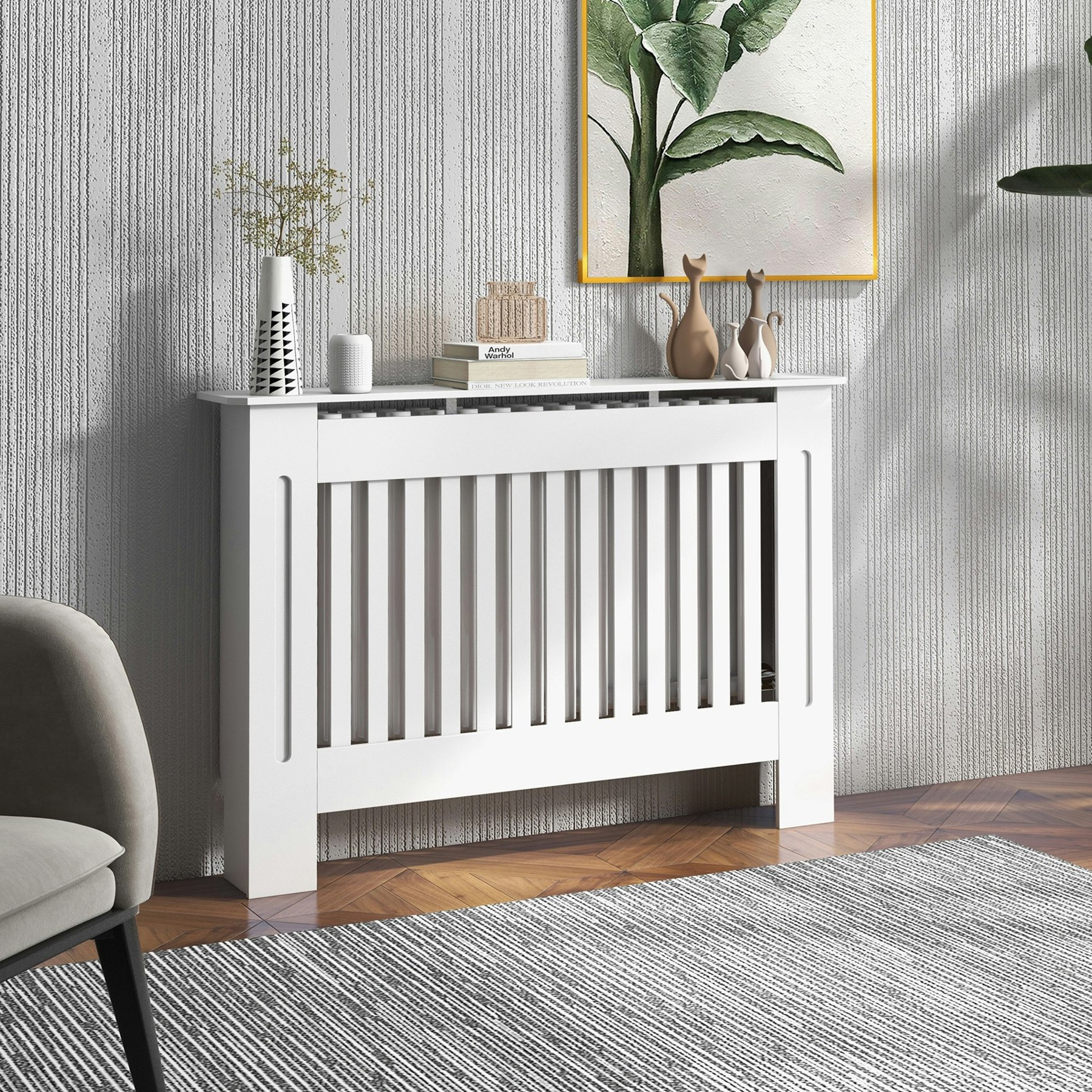 Rackhams Radiator Cover Painted Slatted Mdf Cabinet Lined Grill 112X19x81cm