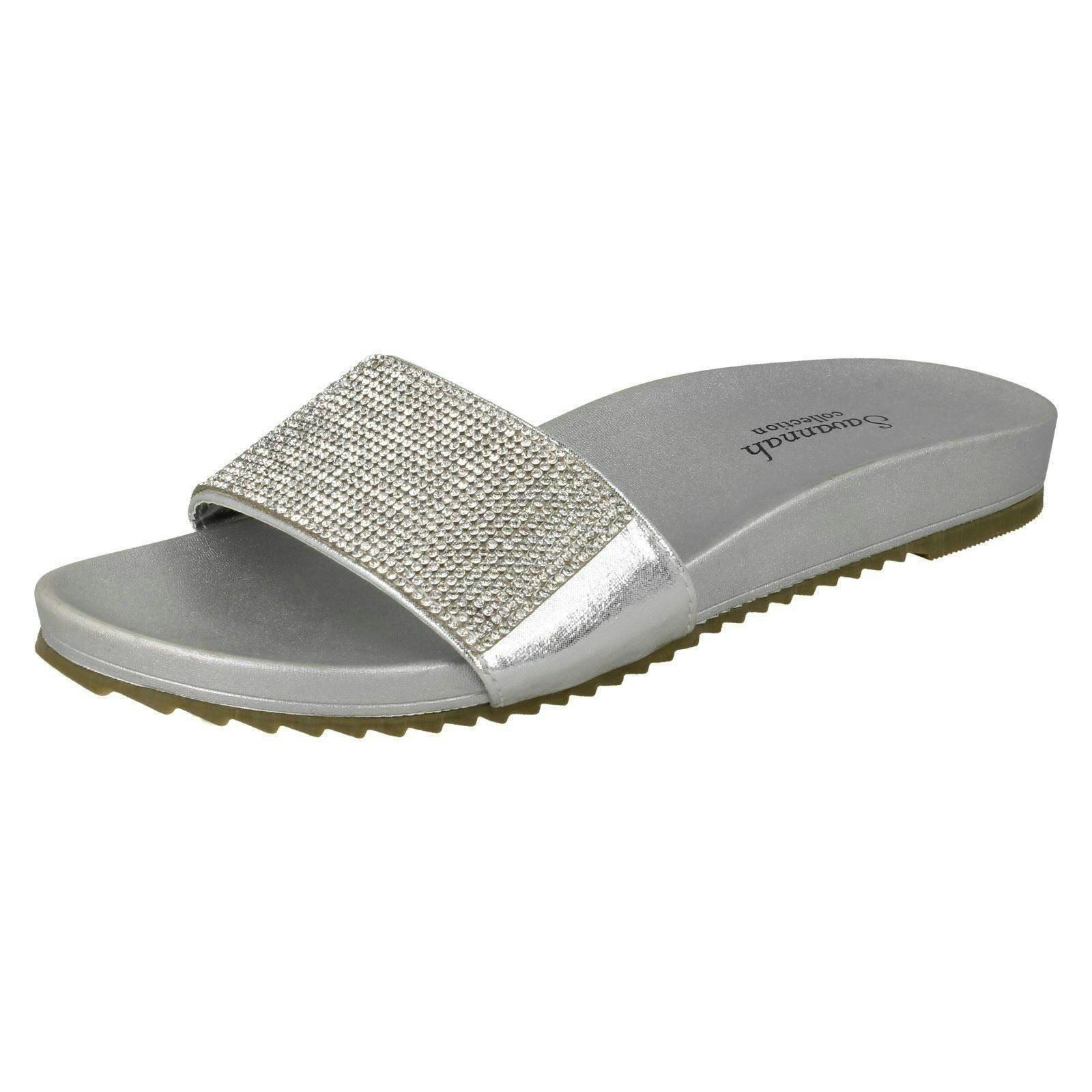 Savannah Women's Silver Flat Diamante Vamp Mules - Uk 3