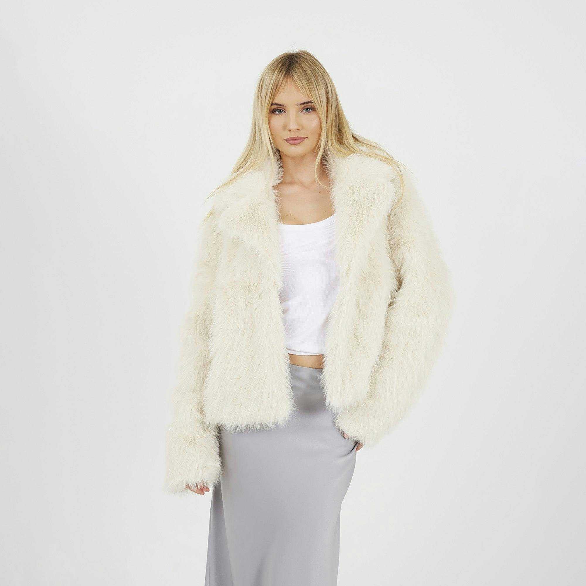 Brave Soul Cream Tinsel Faux Fur Jacket - 14