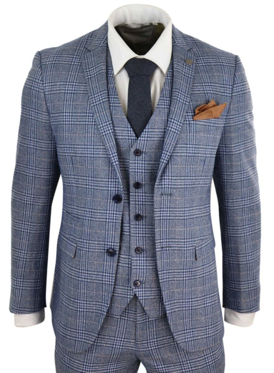 Paul Andrew Men's Blue/Grey 3 Piece Tweed Check Vintage Retro Suit - 36" Jacket 30" Trousers