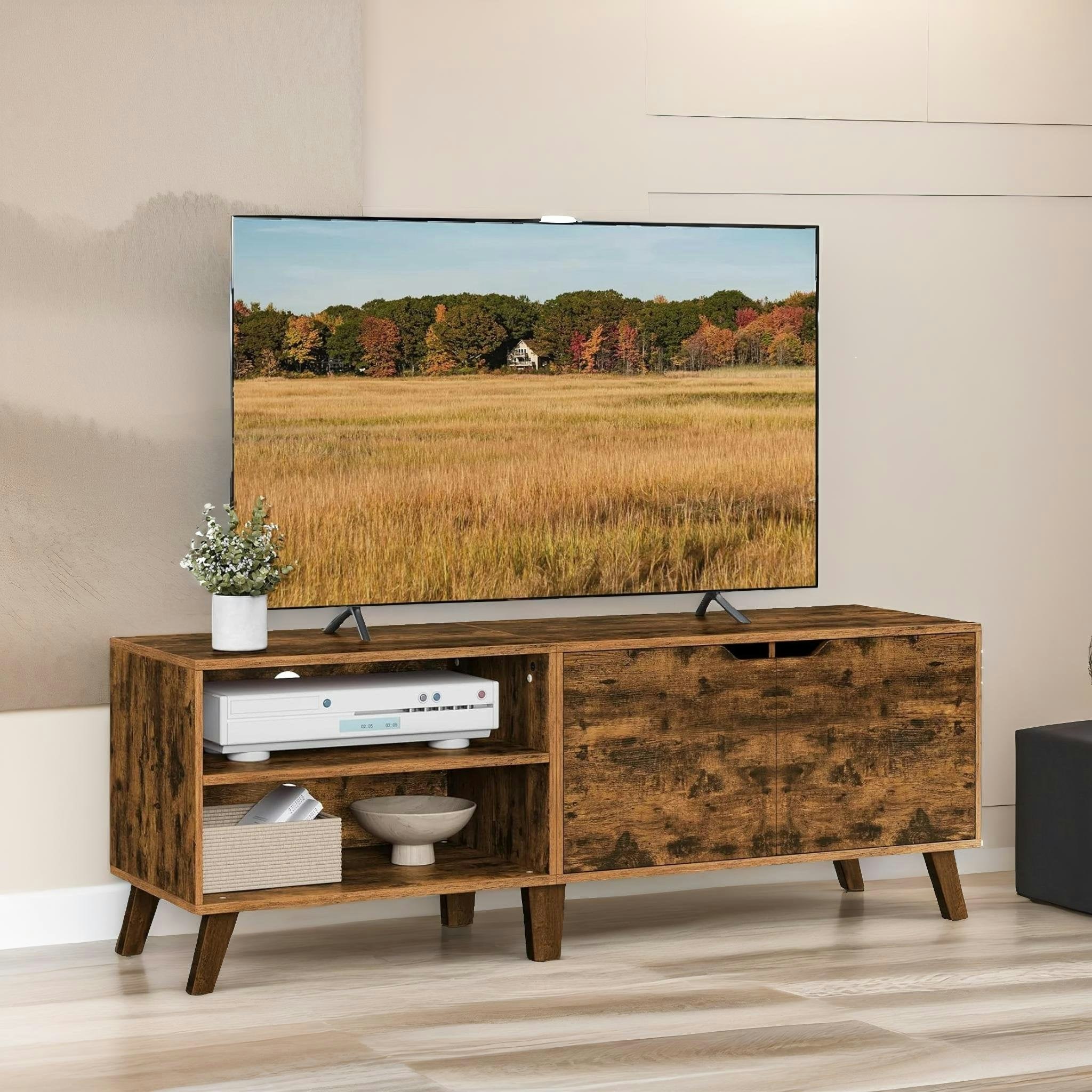 Rackhams Brown 140Cm Wide Tv Stand Cabinet With Shelves Rustic