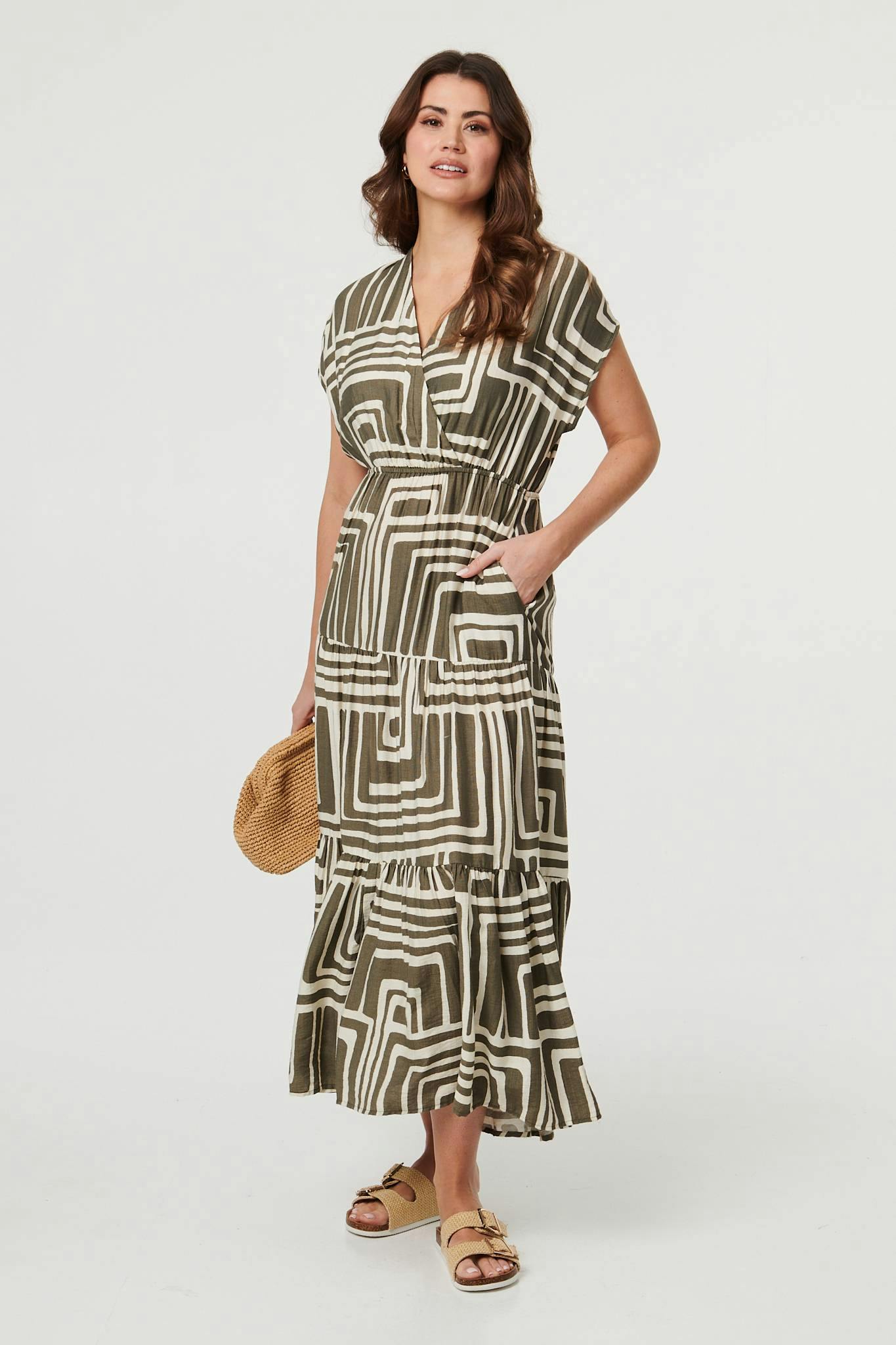 Izabel London Green Geo Print Ruched Tiered Maxi Dress - 18