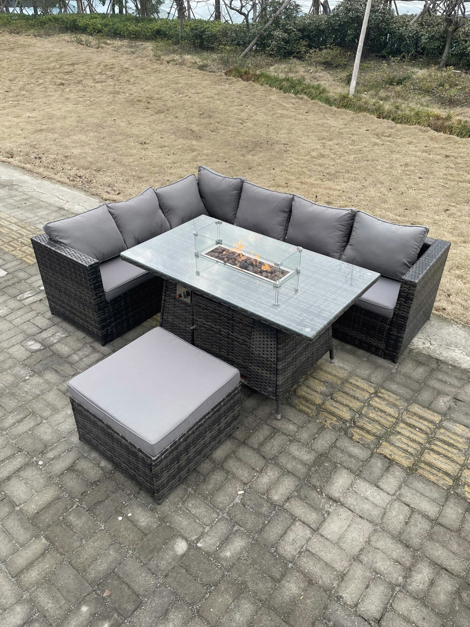 Fimous Dark/Grey Rattan Corner Sofa Set Gas Fire Pit Dining Table Set Patio Heater Burner With Big Footstool
