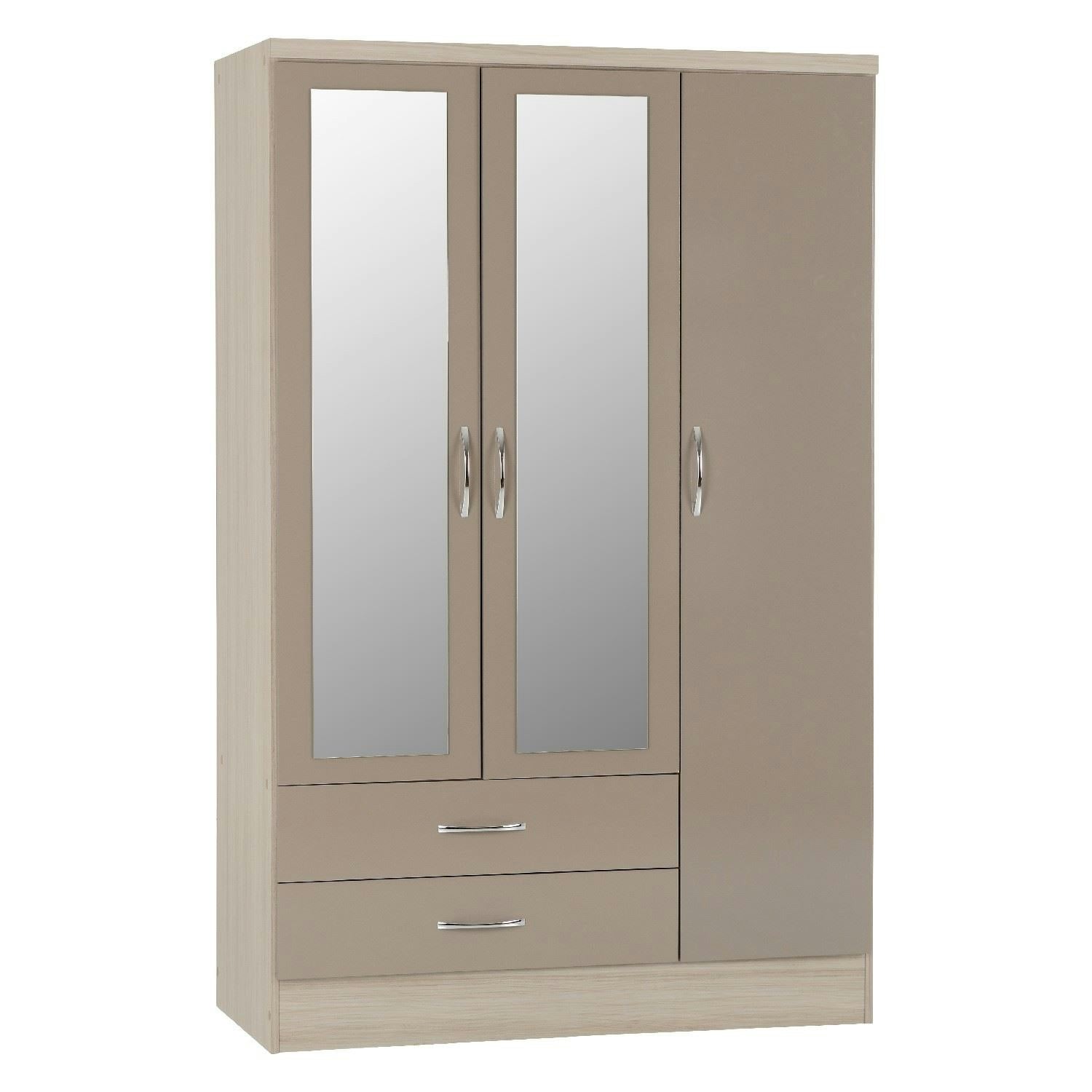 Rackhams Light Nevada 3 Door 2 Drawer Mirrored Wardrobe - Oyster Gloss And Oak
