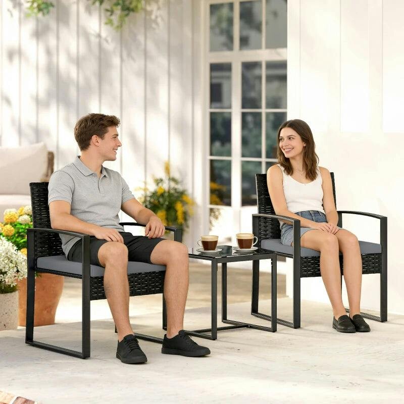 Outsunny Unisex Light Grey Rattan Bistro Set, 3 Pcs Garden Furniture With Cushion In - Image 5