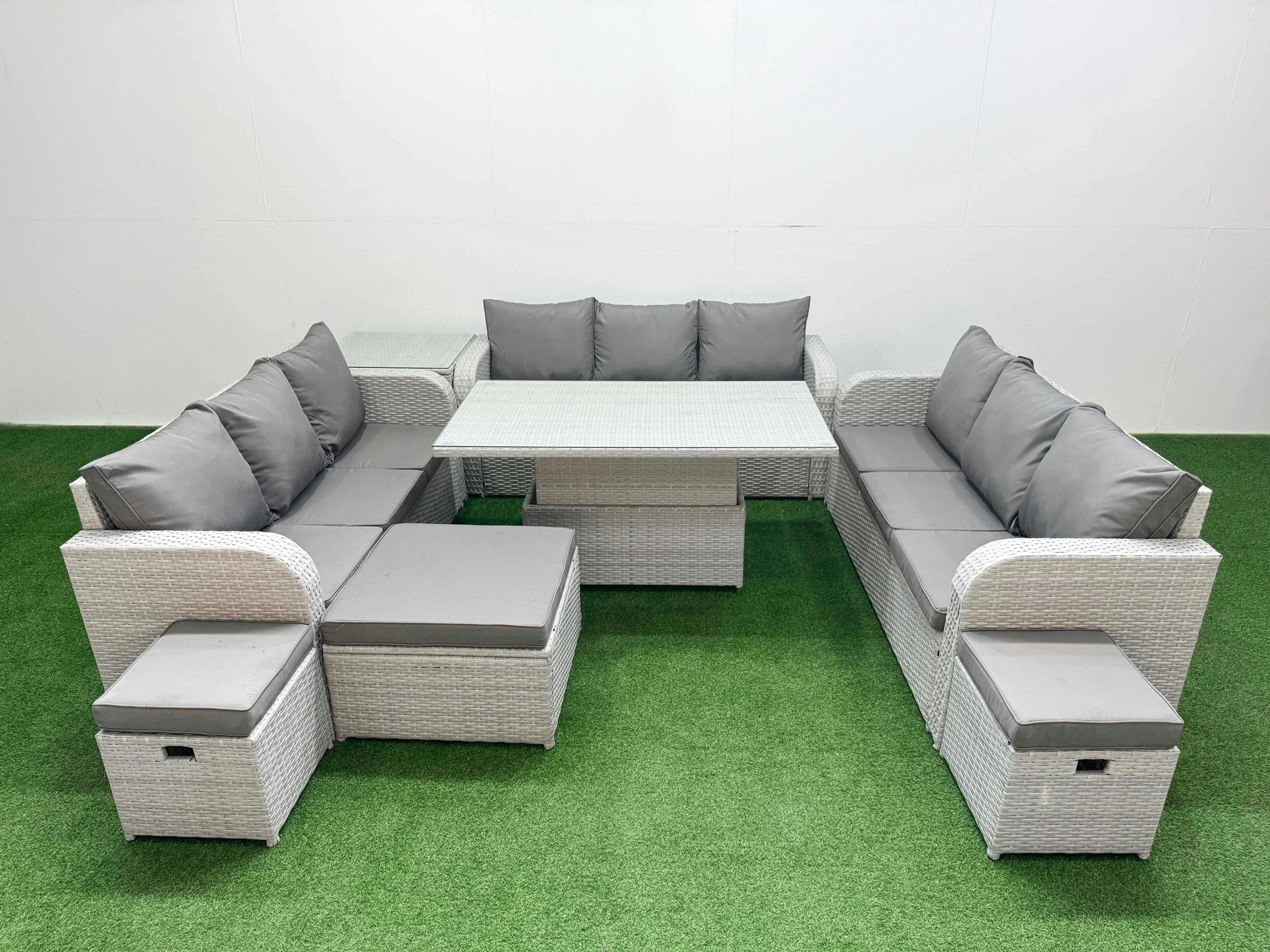 Rackhams Light/Grey 12 Seater Rattan Garden Furniture Set With Adjustable Height Table, 3 Sofas, 3 Stools, Side Table