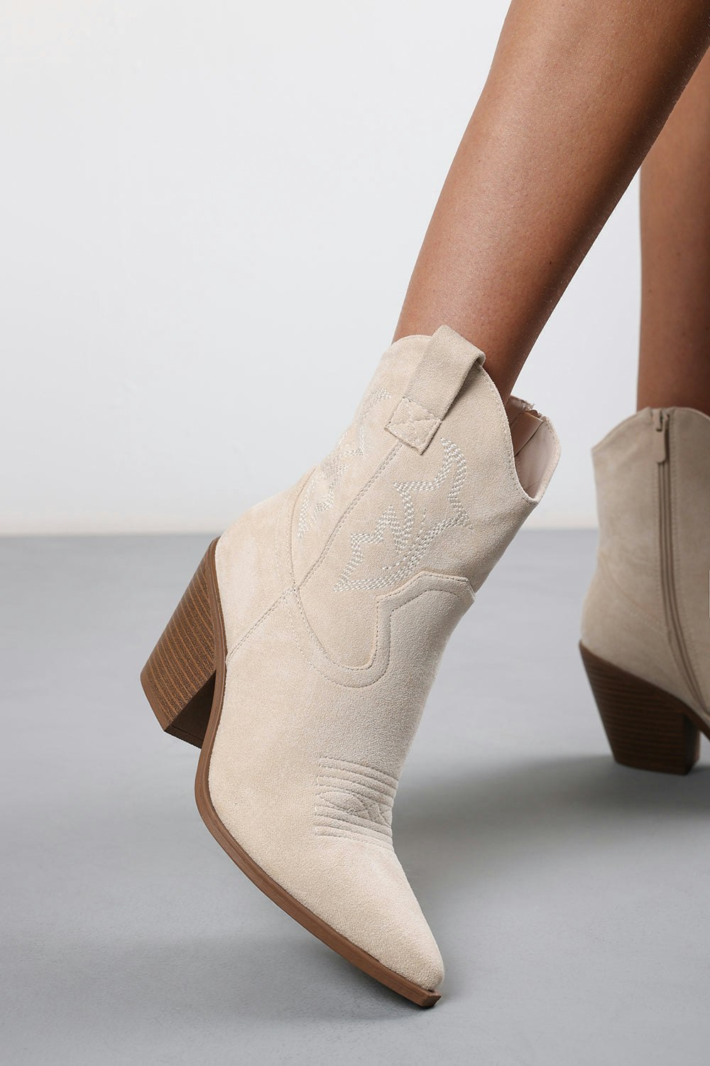 Where's That From Beige Seraphina Suede Cowboy Boots Ankle Length Western Block Heel - Size 8