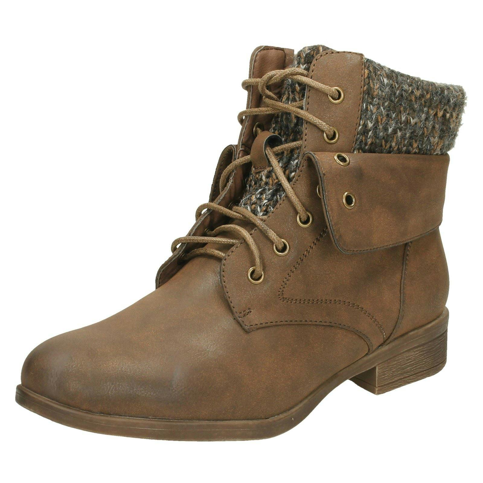 Spot On Women's Brown Mid Heel Lace Up Ankle Boots - Uk 4