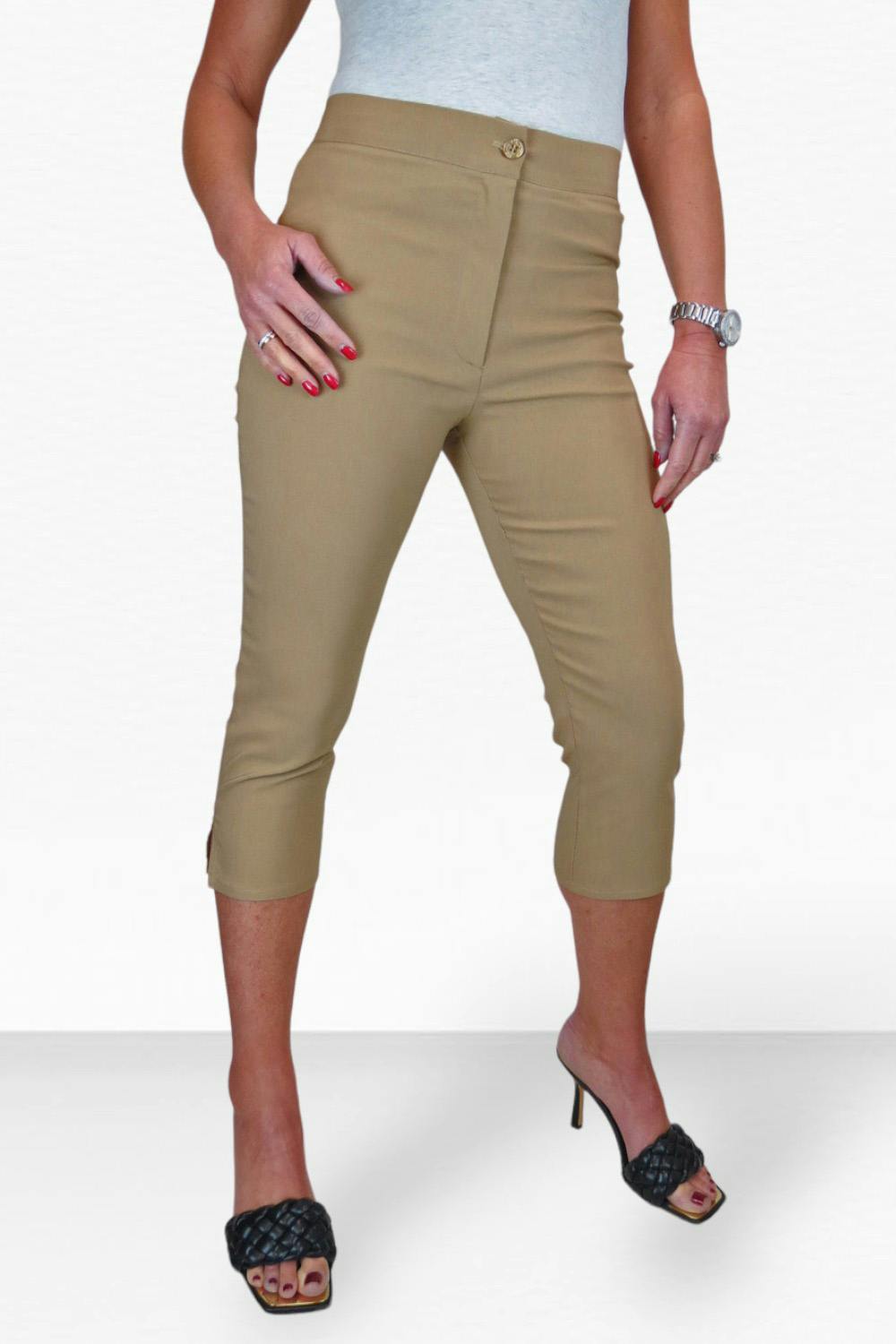 Paulo Due Women's Beige Slim Cropped Capri Stretch Trousers - 22