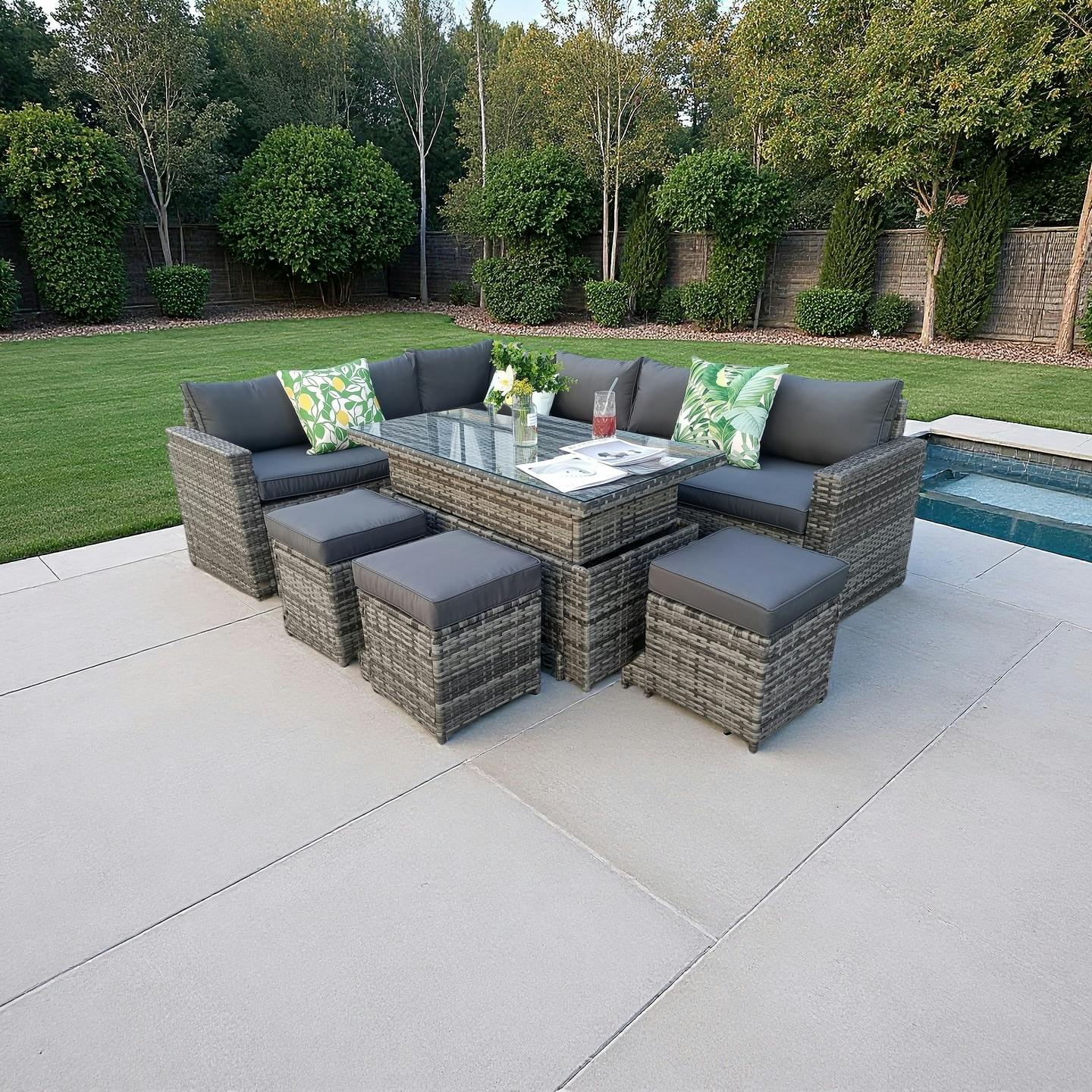 Rackhams Grey The Tarporley 9 Seat Corner Rattan Dining Set - Rising Table