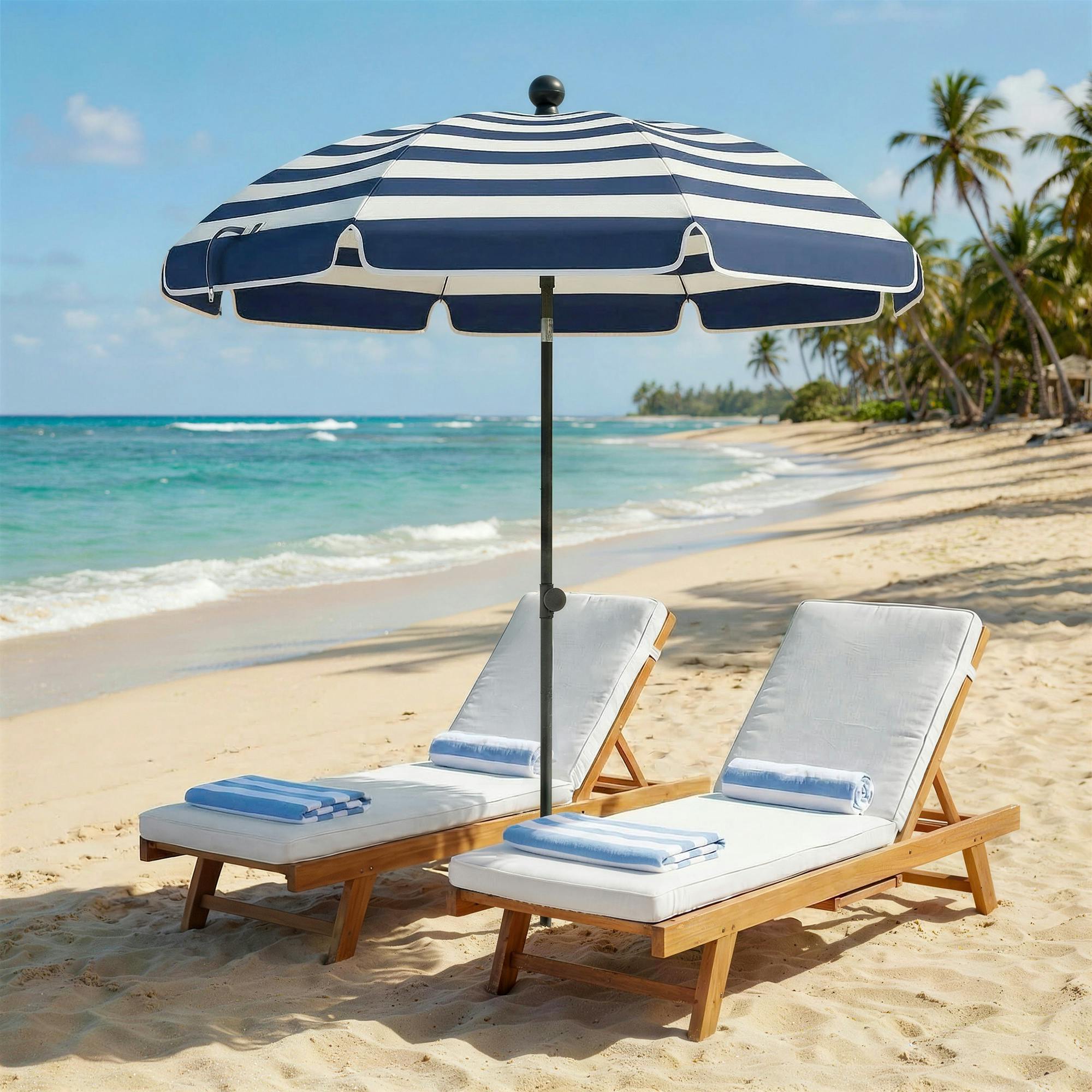 Rackhams Blue/White 1.8 M Beach Umbrella Parasol With Sand Anchor, Tilt - Beach Umbrella - And