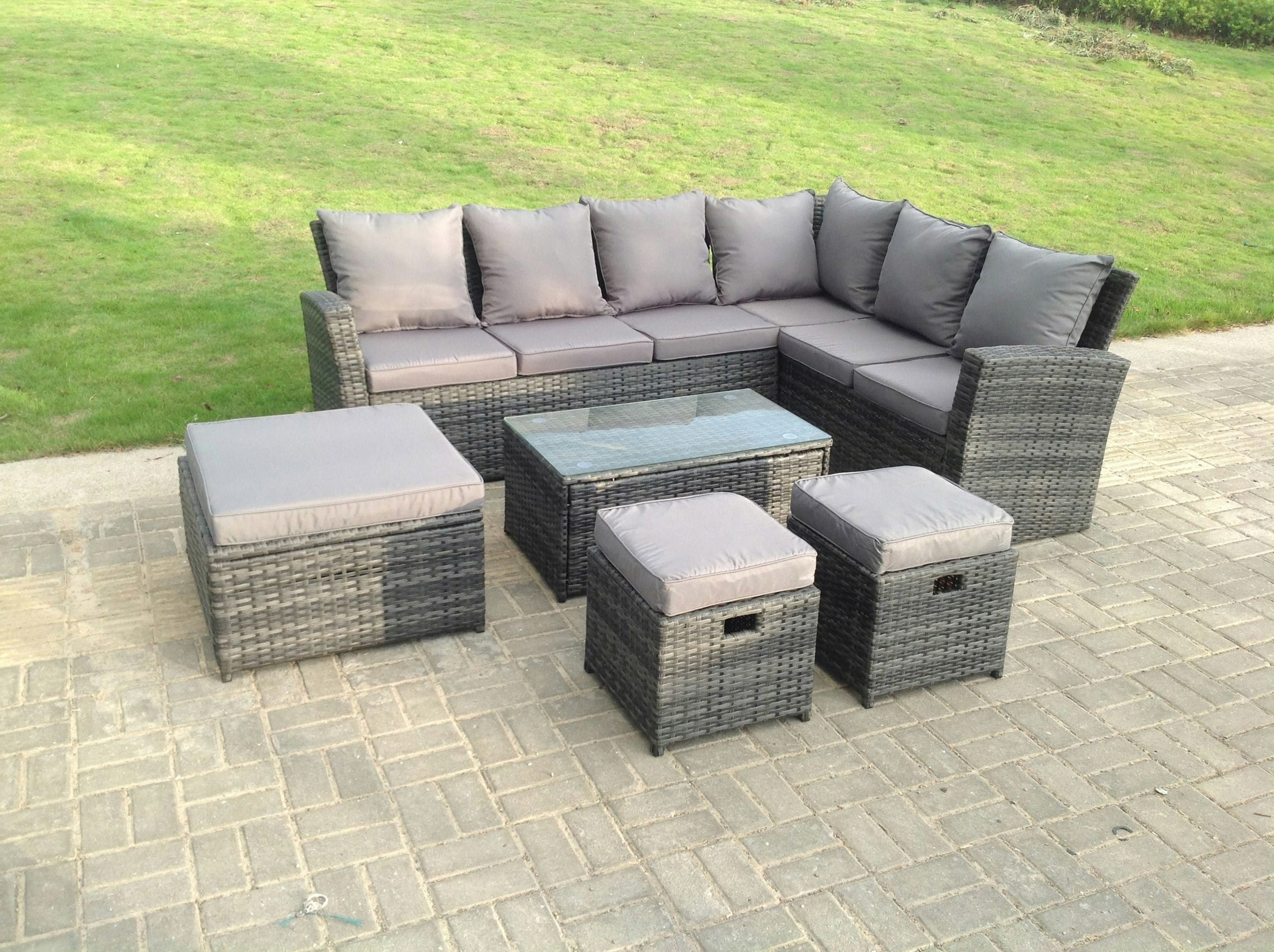 Rackhams Dark/Grey 9 Seater High Back Rattan Garden Furniture Set Corner Sofa With Oblong Coffee Table And 3 Footstool